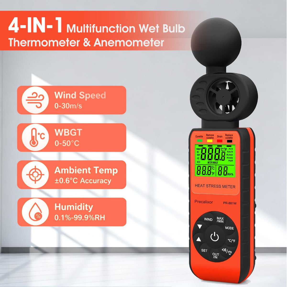 Heat Stress Meter Anemometer, Wet Bulb Globe Thermometer Wind Speed Meter