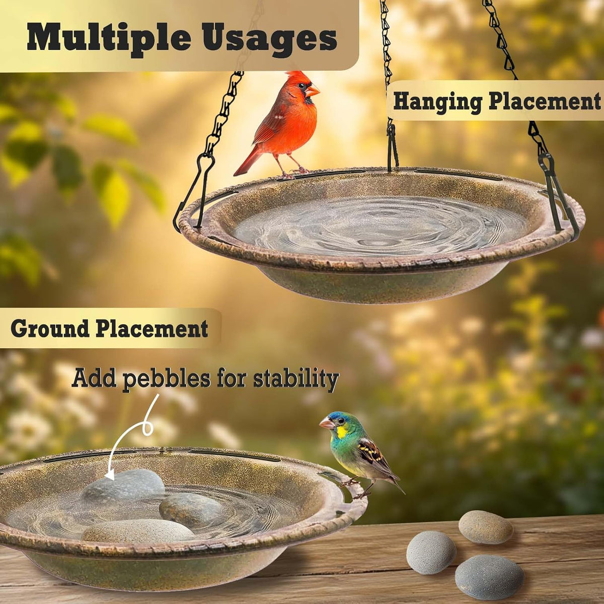 Hanging Bird Bath & Feeder Bowl, 12 in, Antique Bronze Look