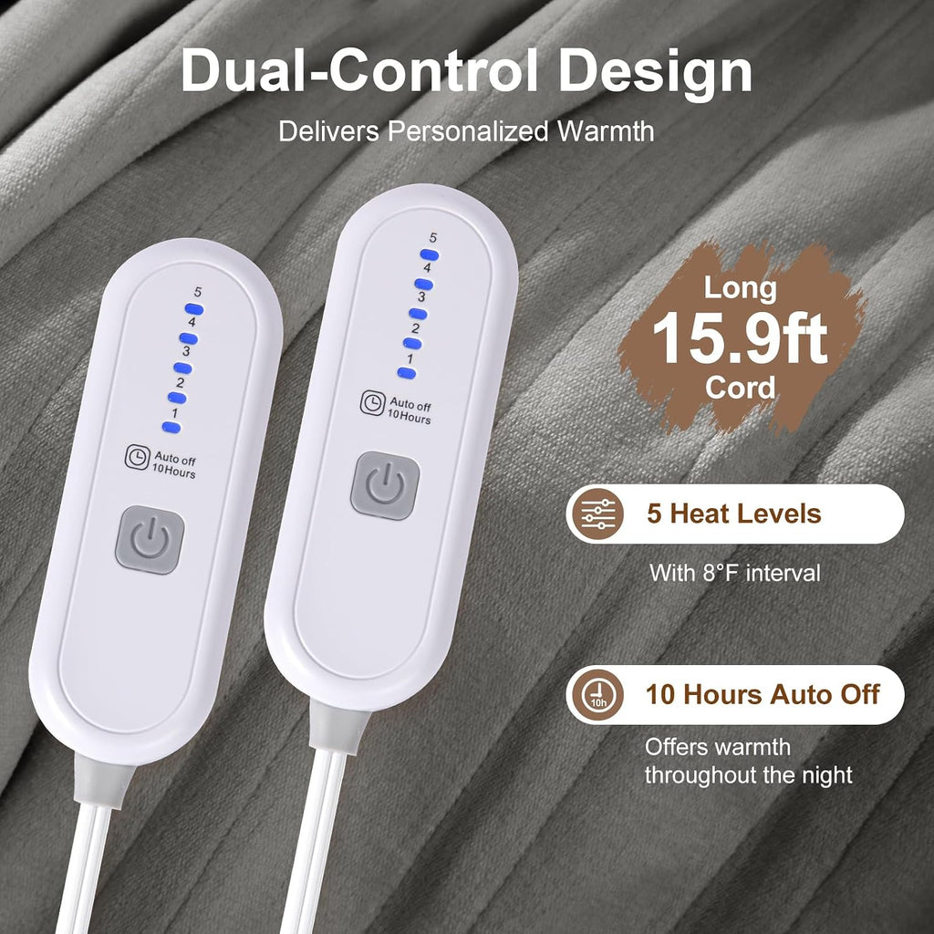 King Size Electric Blanket, Dual Control Heated Blanket, Grey