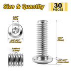 Mywish M10 x 25mm 30Pcs Silver Flat Head Hex Socket Cap Screws Bolts, 304 Stainless Steel Furniture Bolts Full Thread & Hex Spanner