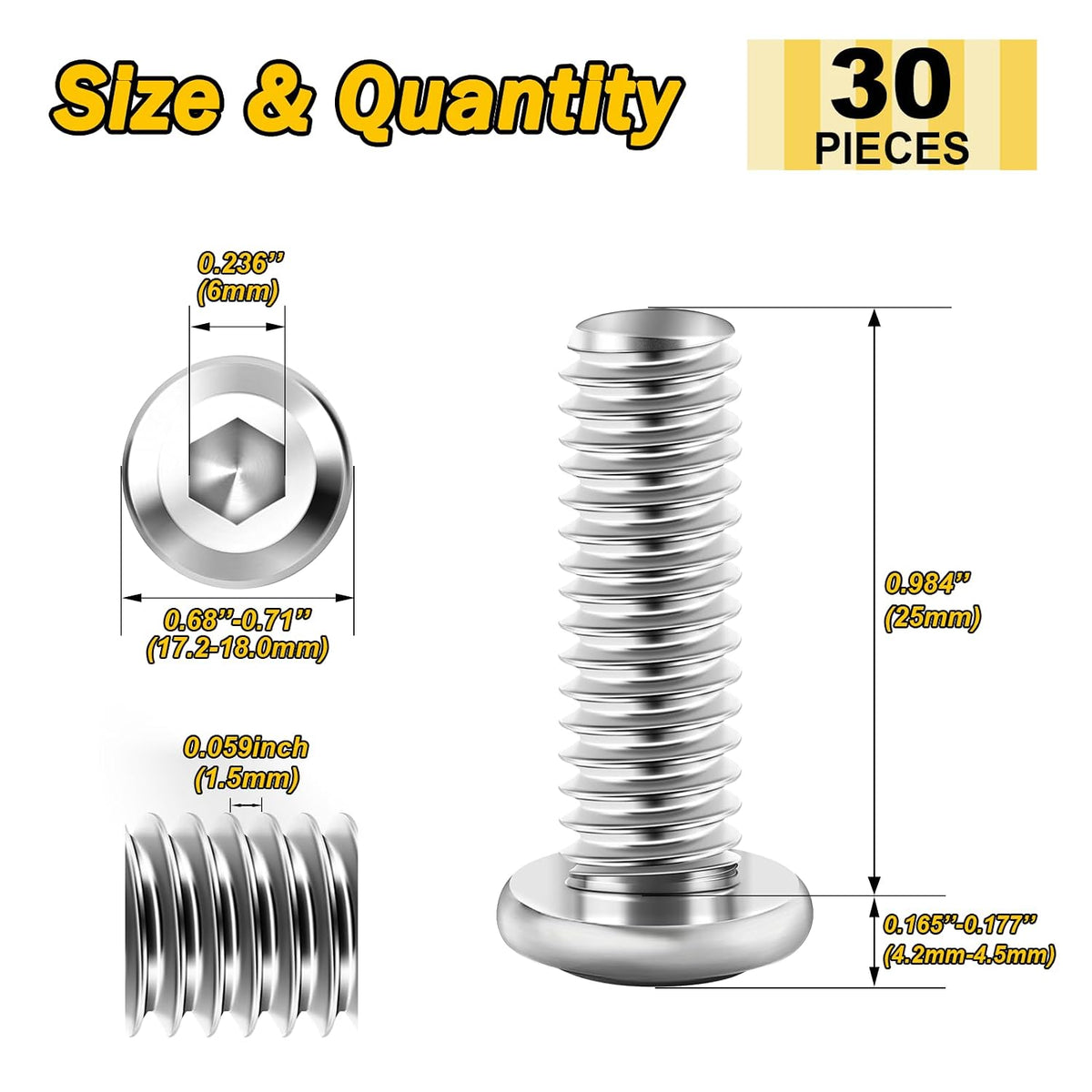 Mywish M10 x 25mm 30Pcs Silver Flat Head Hex Socket Cap Screws Bolts, 304 Stainless Steel Furniture Bolts Full Thread & Hex Spanner