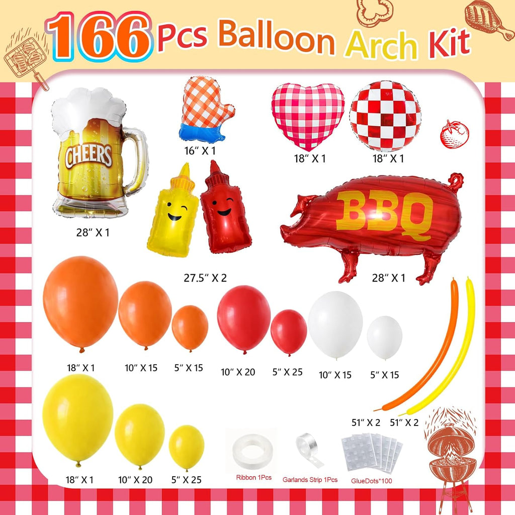 Hot Dog Balloons, BBQ Balloons, 170Pcs Hot-Dog Party Decorations Red Yellow and Orange Balloon Garland Arch Kit with