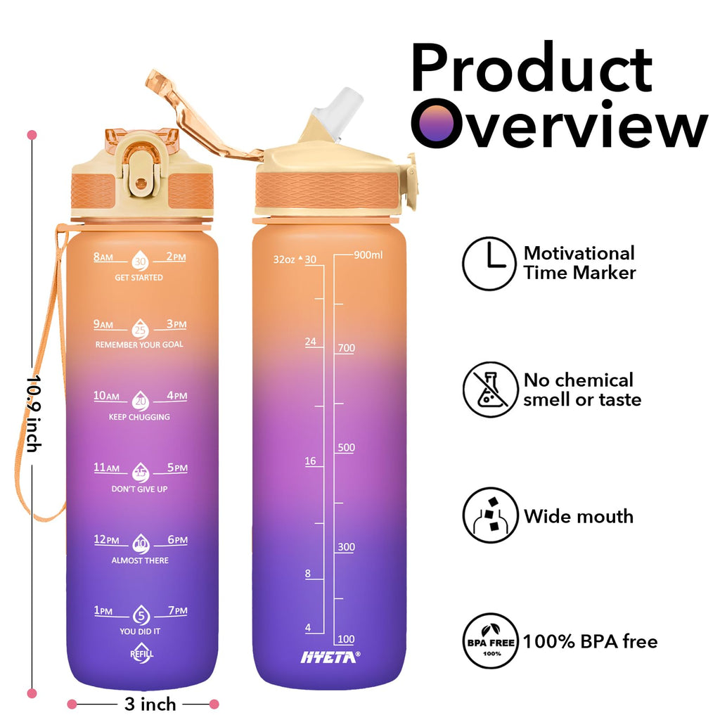 Plastic Water Bottle With Straw & Time Marker, 32oz Leakproof Jug