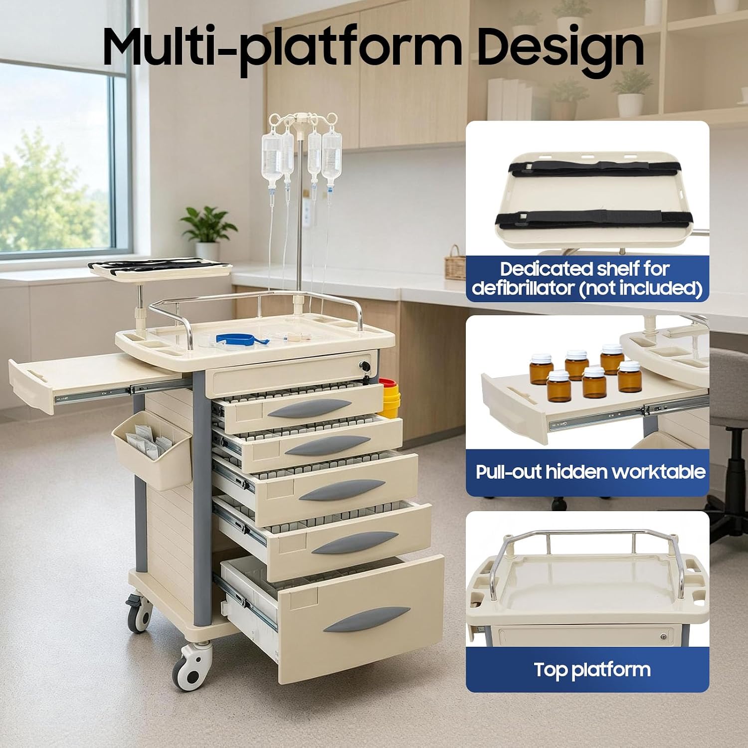 Medical Rolling Crash Cart with Accessories-CPR Board, 2 Trash Bin, Power Strip, Drawers with Dividers, Mobile