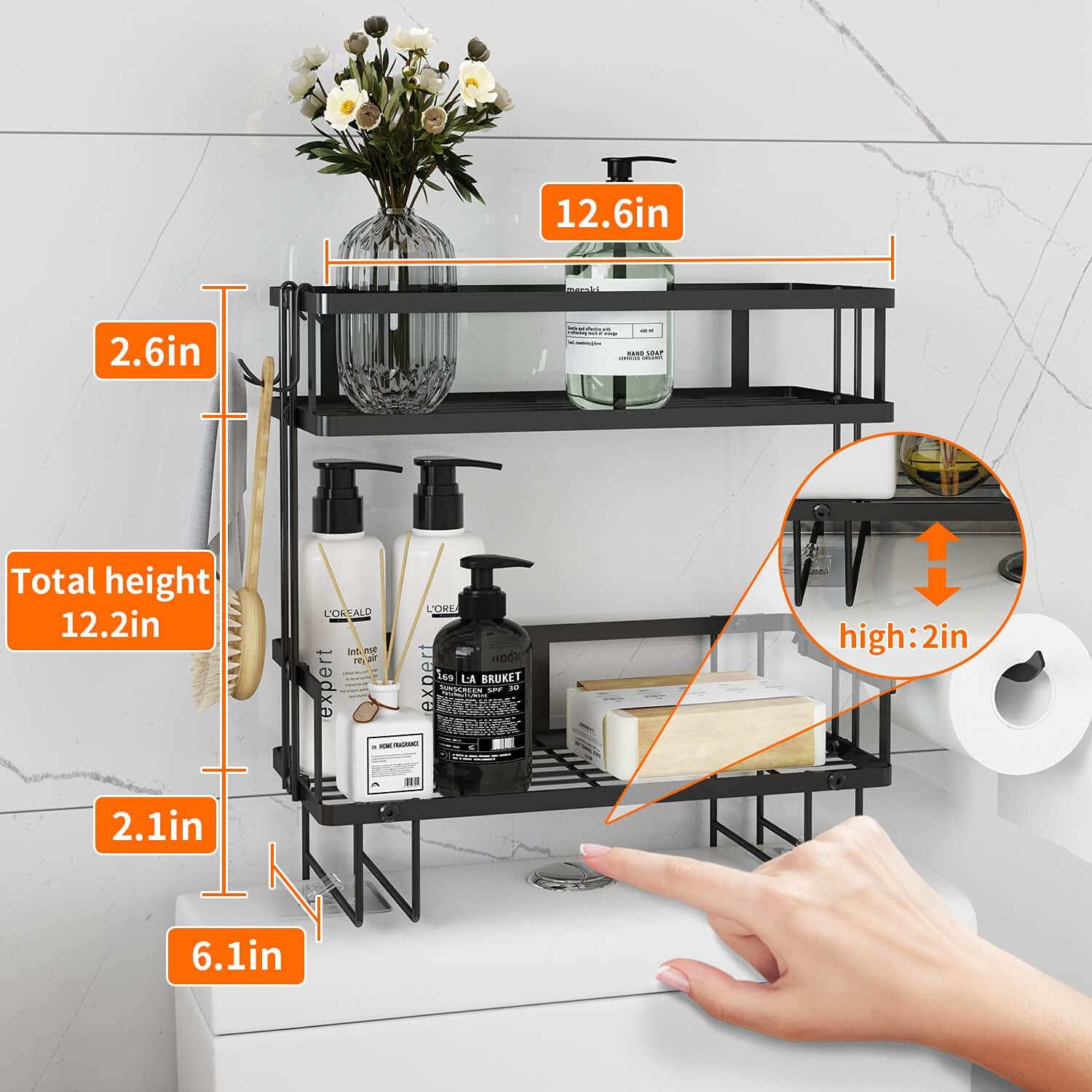 2-Tier Over Toilet Storage Shelf, Wall-Mount with 2 Hook/Paper Rack | Bathroom Organizers and Storage Cabinet