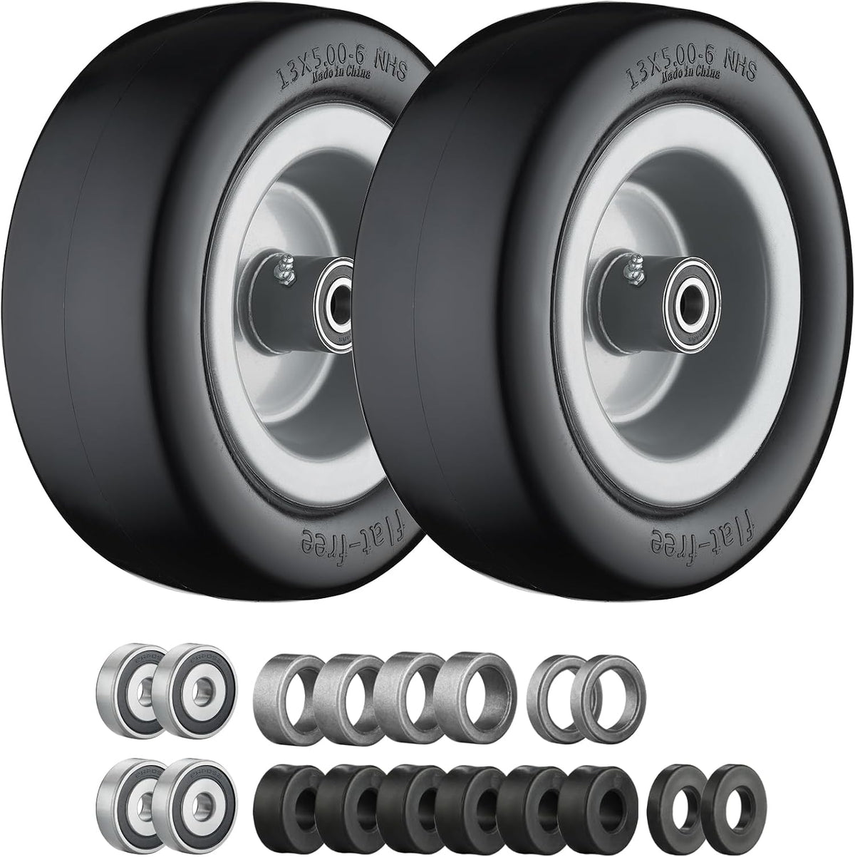 13x5.00-6 Flat Free Tire and Wheel Lawn Mower Tires Gray | Zero Turn Mower Tires with 3/4", 5/8" and 1/2" Bearings