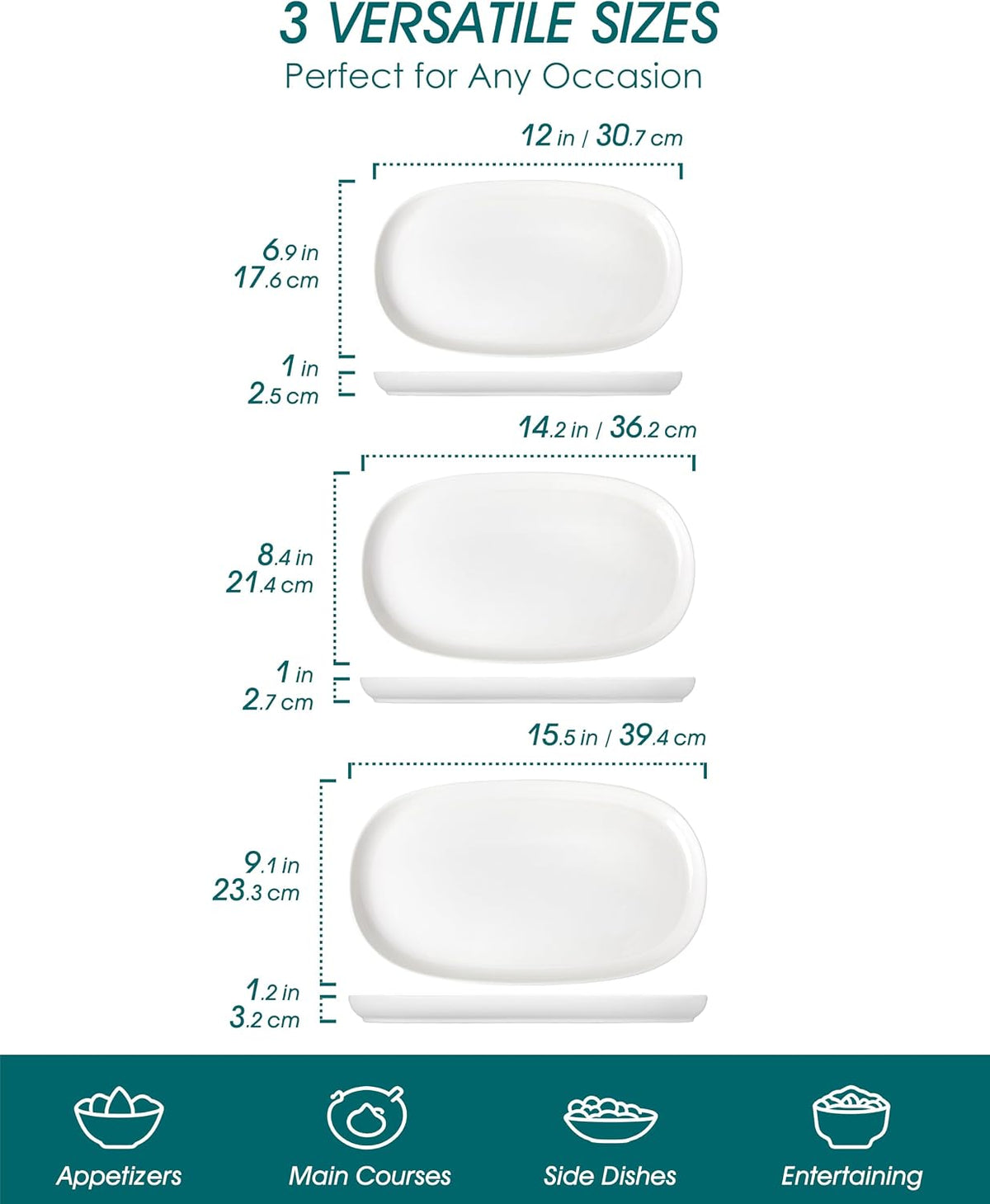 Porcelain Serving Platters Set of 3, 15.5"/14"/12" Serving Trays