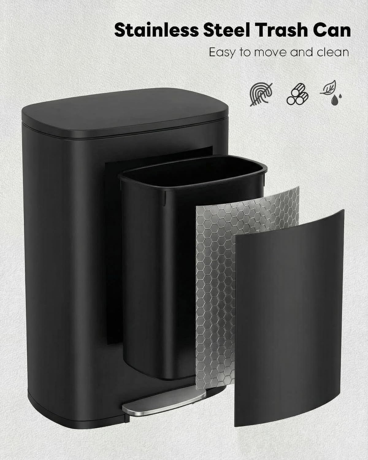 13.2+1.3 Gallon Trash Can Combo Set, Stainless Steel Garbage Bin with Pedal