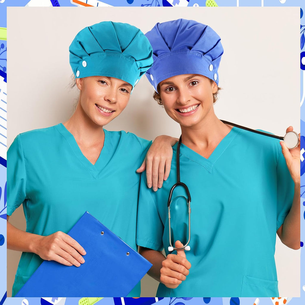 12 Pcs Bouffant Nurse Caps with Button Sweatband Adjustable Scrub Cap Elastic Surgical Tie Back Hat for Women Men