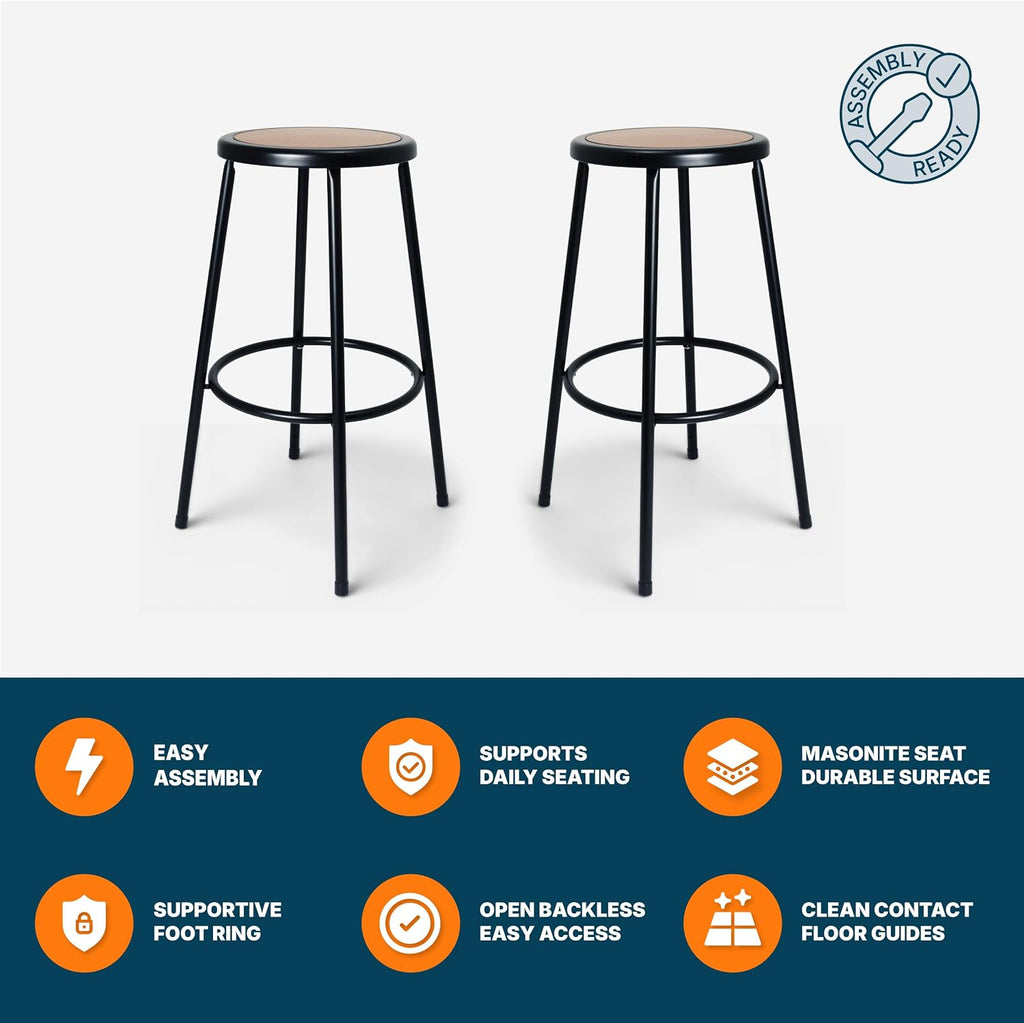 OEF6230-10-KD Assembly Required Commercial Steel Round Stool with Masonite Wood Seat (30-inch Height, Black Frame)