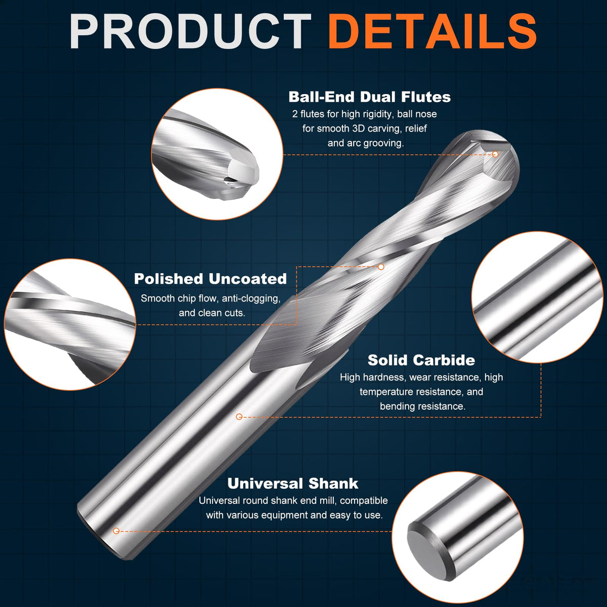 Workkyma Ball Nose Carbide End Mill 10mm Shank 10mmx32mm CDxCL 2 Flute