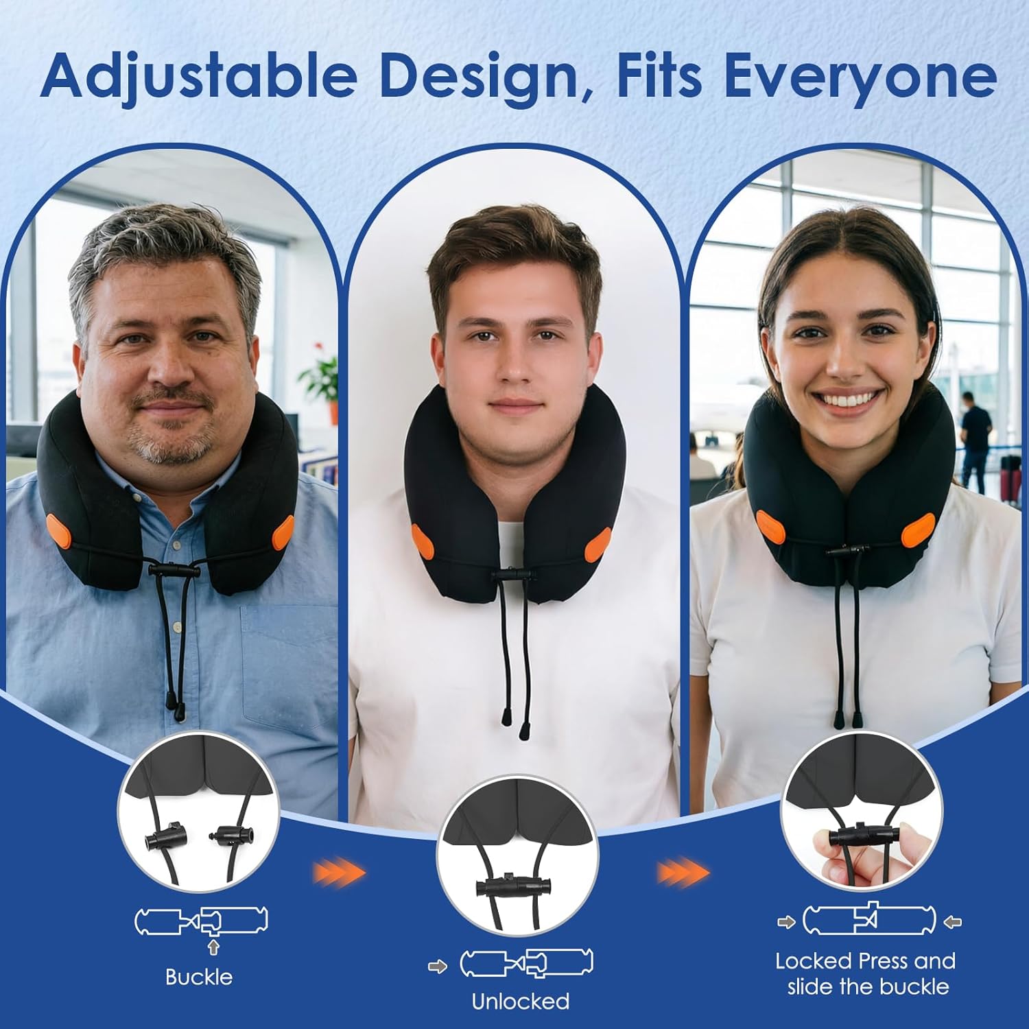 Travel Pillow Memory Foam Neck Pillow for Airplanes with Adjustable Neck Support, Includes Eye Mask, Earplugs &