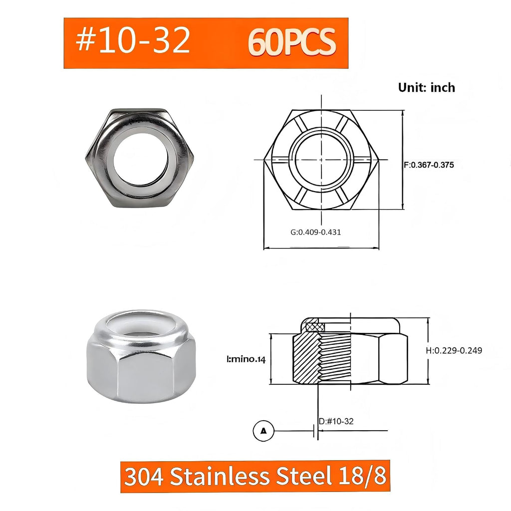 #10-32 Locknuts,60PCS 304 (18-8) Stainless Steel Nylon Insert Lock Nuts,Standard Inch Thread Nylock Nuts