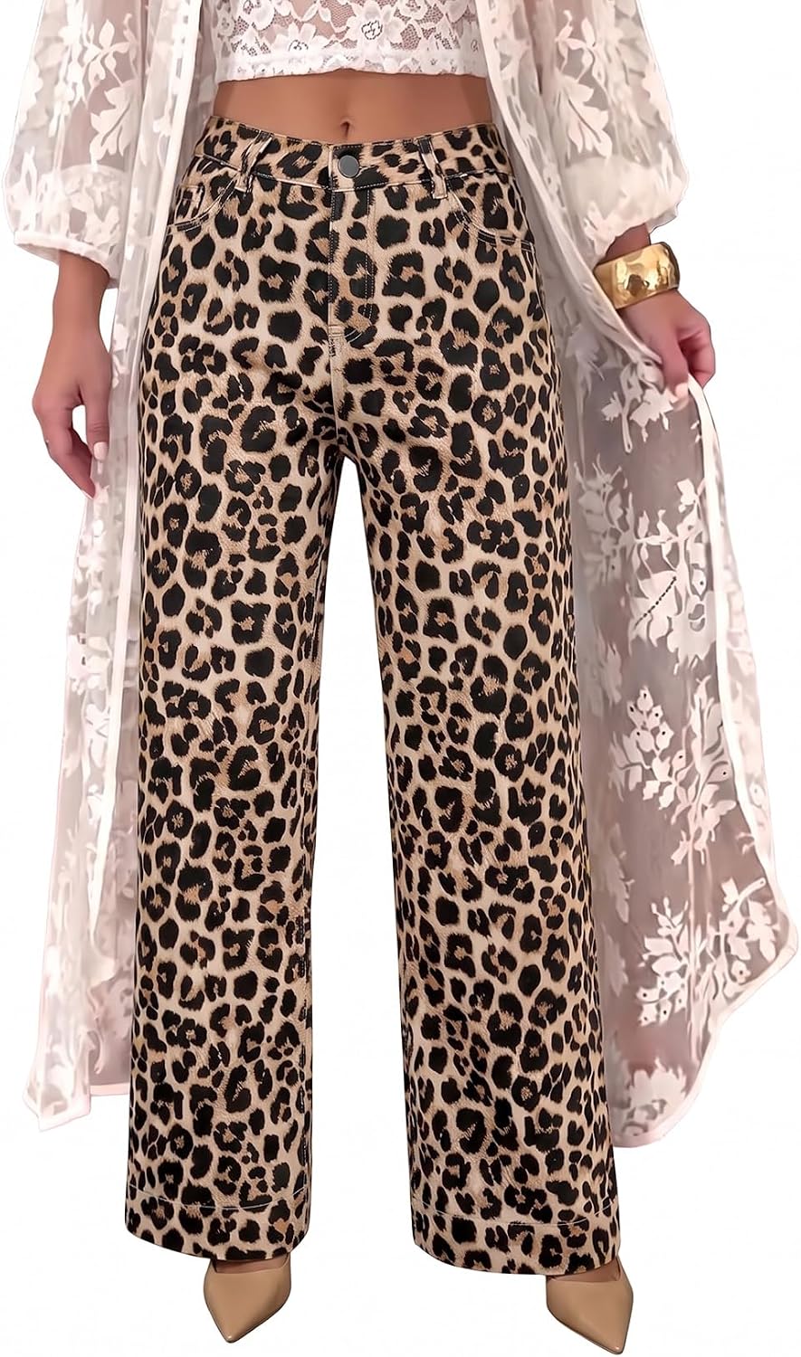 Women's High Waisted Jeans Wide Leg Leopard Print Denim Pants