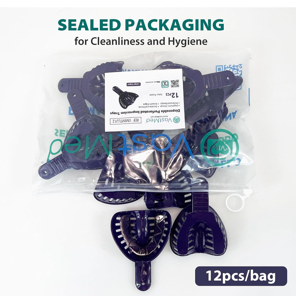 Dental Impression Tray Bag of 12 by Vastmed | Perforated Disposable Teeth Impression Trays | #1 Large Upper - Purple