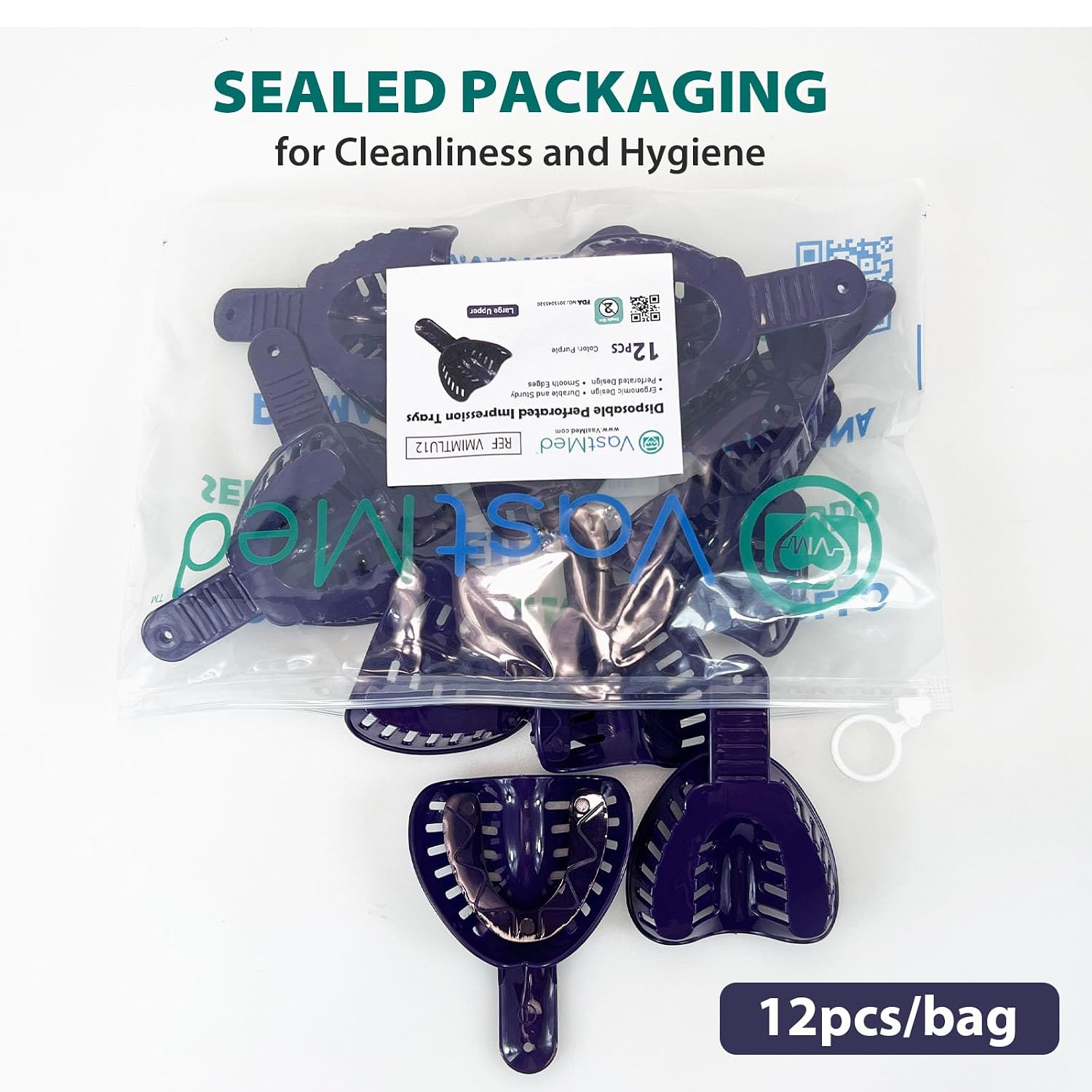 Dental Impression Tray Bag of 12 by Vastmed | Perforated Disposable Teeth Impression Trays | #1 Large Upper - Purple