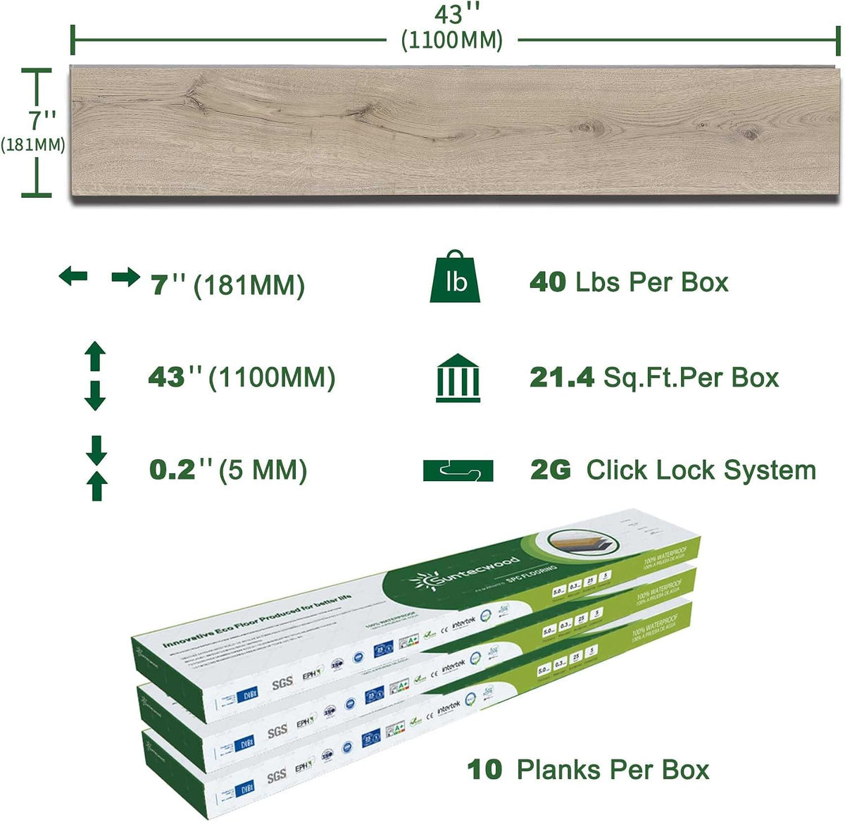 SPC Click Lock Luxury Vinyl Flooring Plank | 21.4 Sq.Ft | Thick 5 mm | Wood Floating LVP Floor Tile| 100% Waterproof