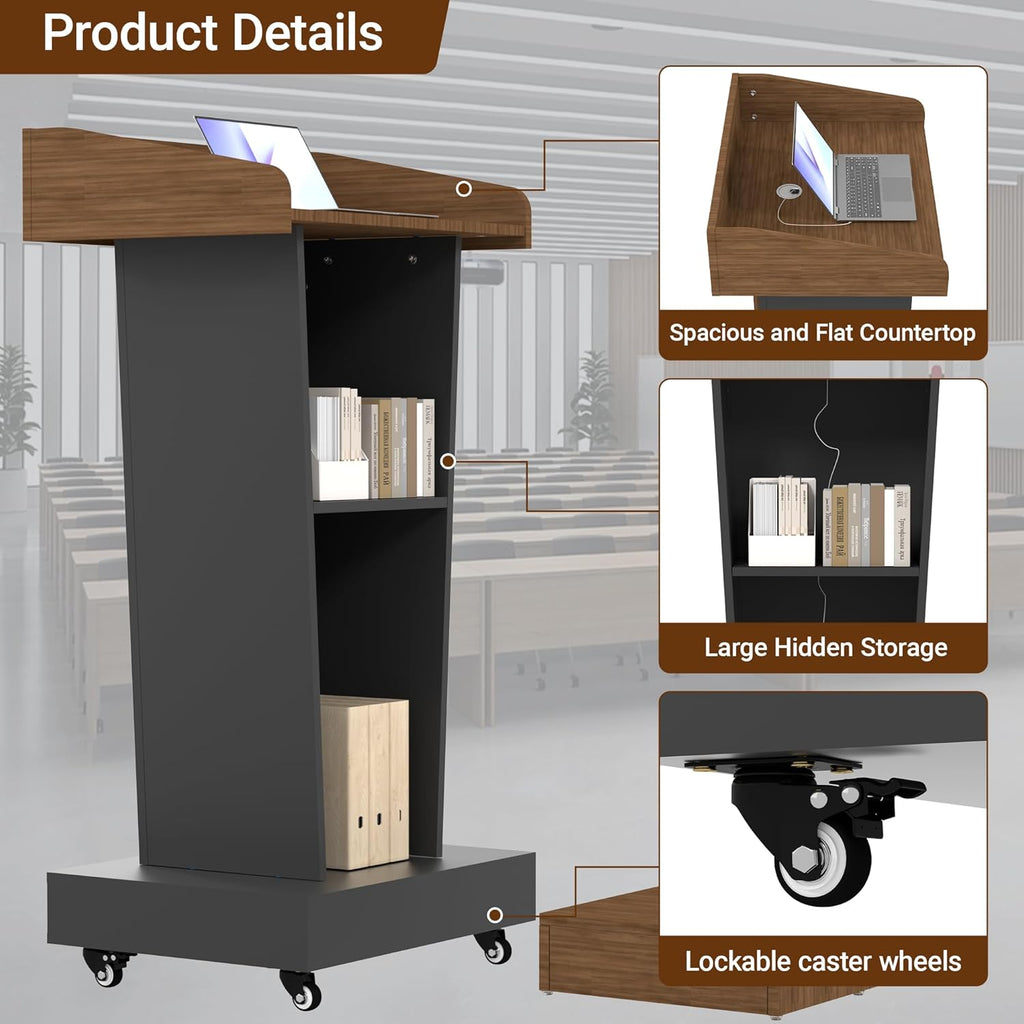 Wooden Podium Stand with Wheels & 4" High Footrest, Mobile Lectern