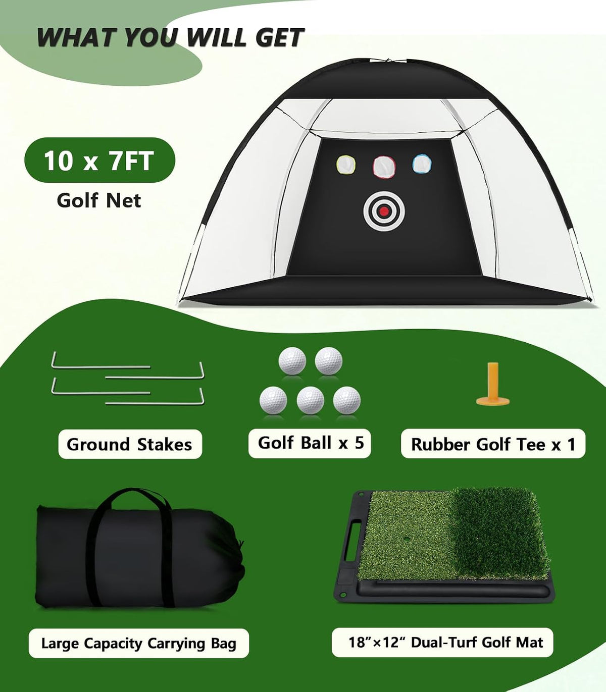Golf Net, 10 x 7FT Golf Practice Nets for Backyard Driving Hitting Swing Chipping Training with Hitting Mat for