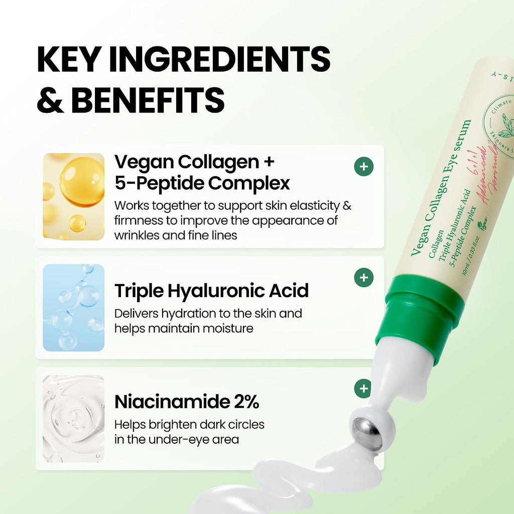 Vegan Collagen Eye Serum with 2% Niacinamide, Peptides, 0.33 fl. oz. | Vegan Korean Eye Cream with Cooling Roller for