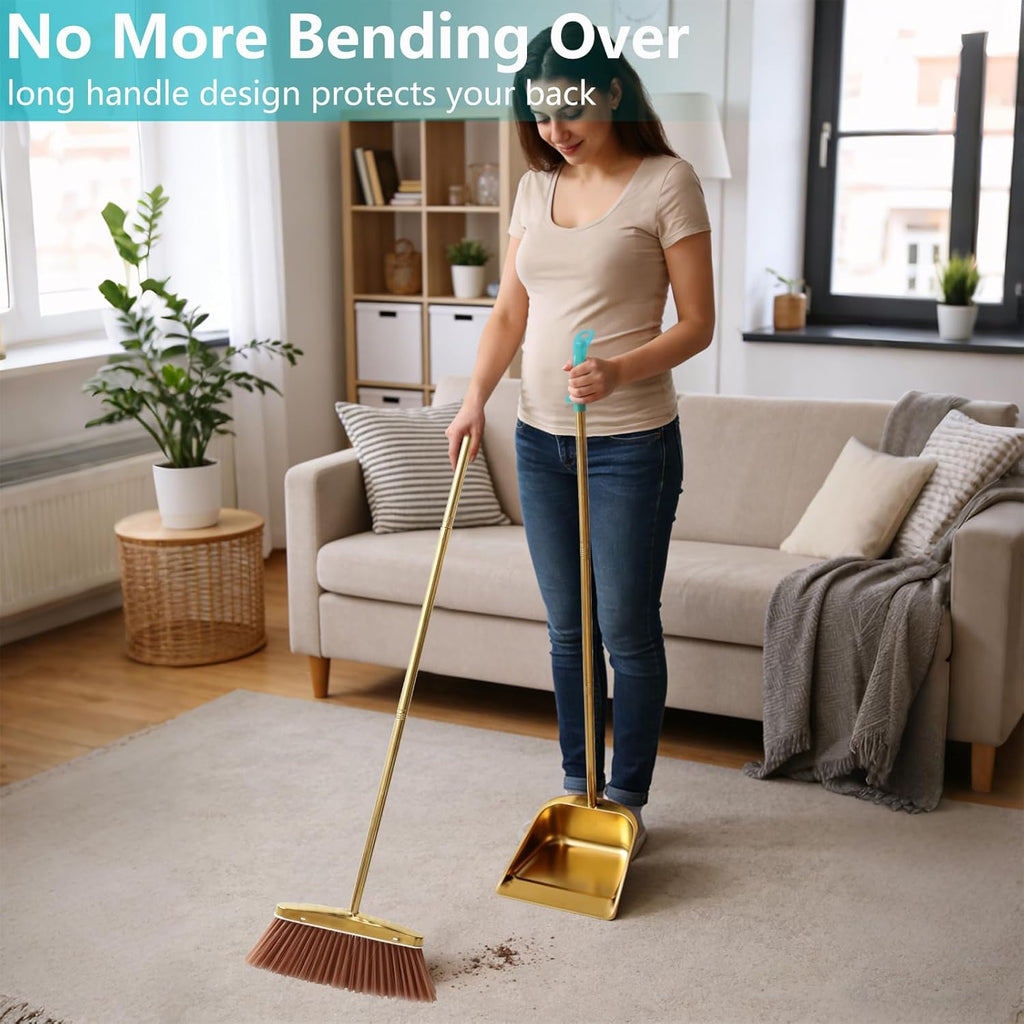 Gold Broom and Dustpan Set, Minimalist Upright Sweeper with Long Handle, Heavy Duty Stainless Steel Metal Dust Pan