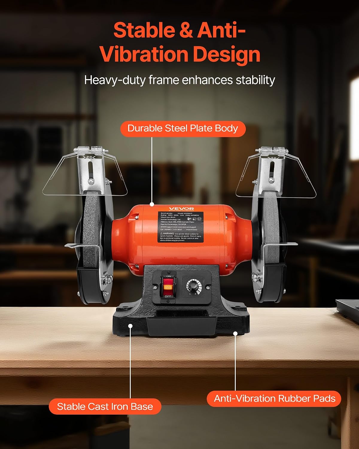 Bench Grinder, 8-inch Variable Speed Bench Grinder, 2000-3450RPM Table Grinders with 550W 5.0A 3/4Hp Induction Motor