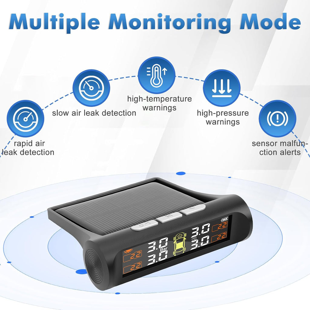 Tire Pressure Monitoring System with Solar Charge, TPMS Sensors Set of 4 | TPMS with 4 External sensors & 5 Alarm