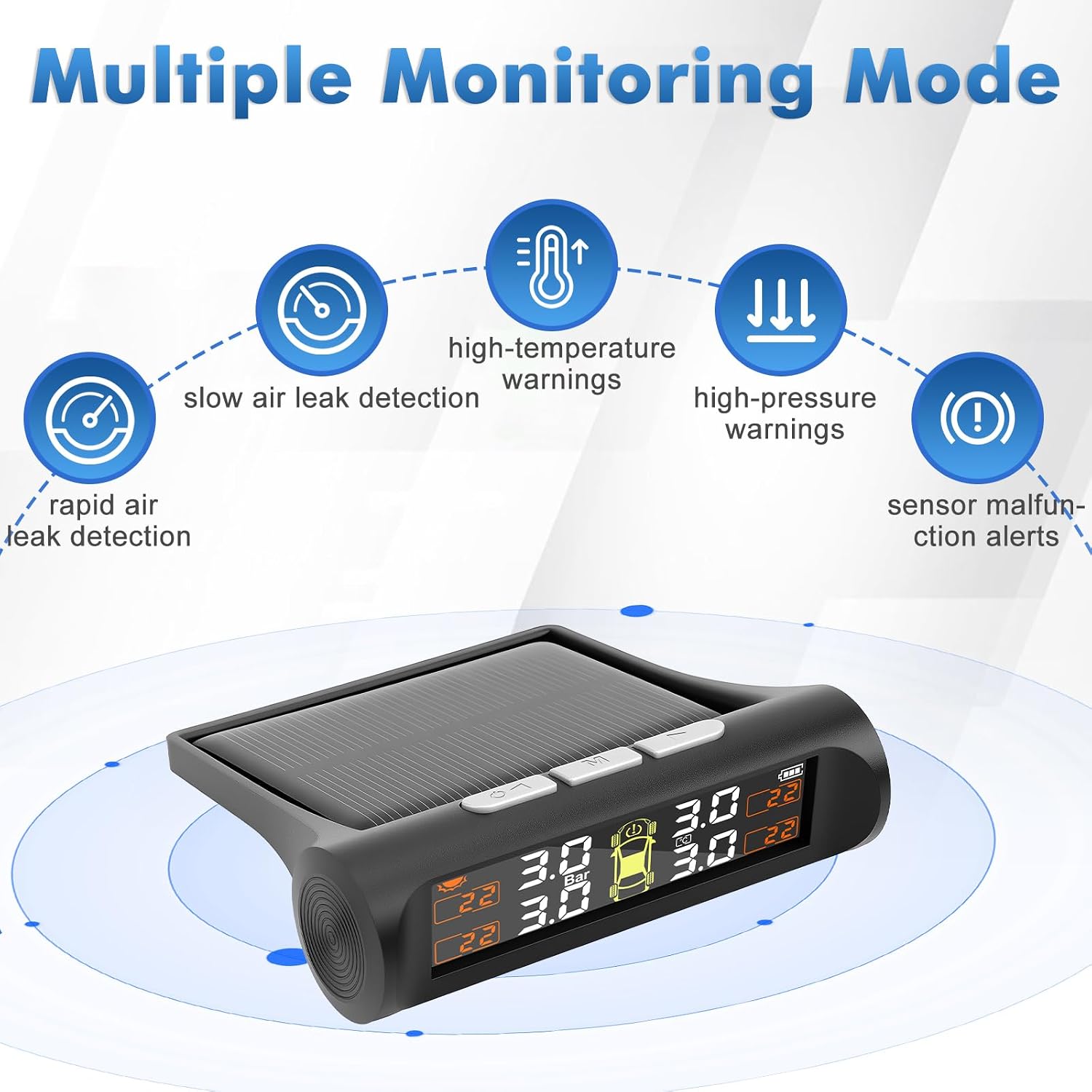 Tire Pressure Monitoring System with Solar Charge, TPMS Sensors Set of 4 | TPMS with 4 External sensors & 5 Alarm