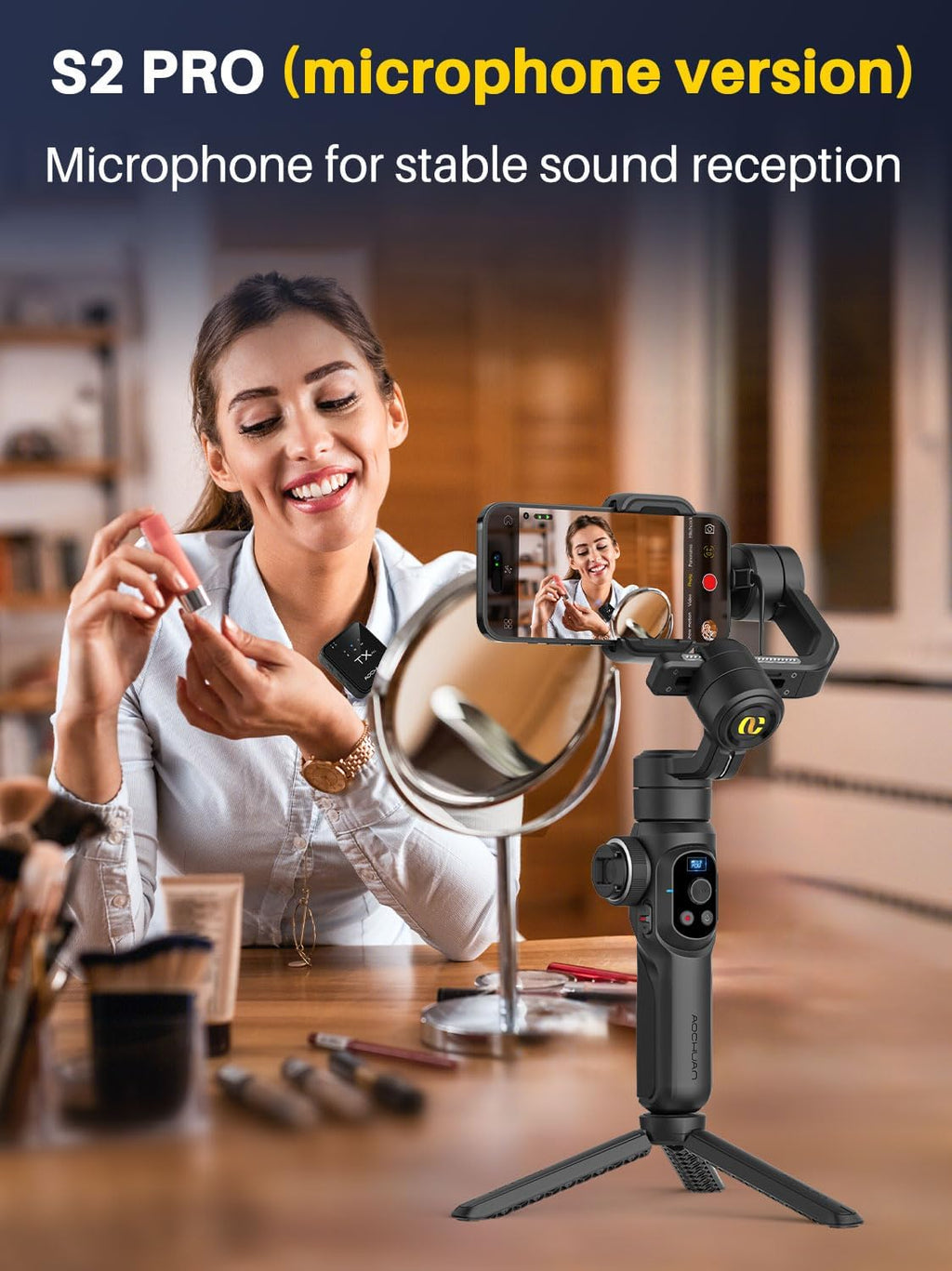 S2 Smartphone Gimbal Stabilizer w/Wireless Lavalier, Built-in 18cm Extension Rod & Fill Light, Professional 3-Axis