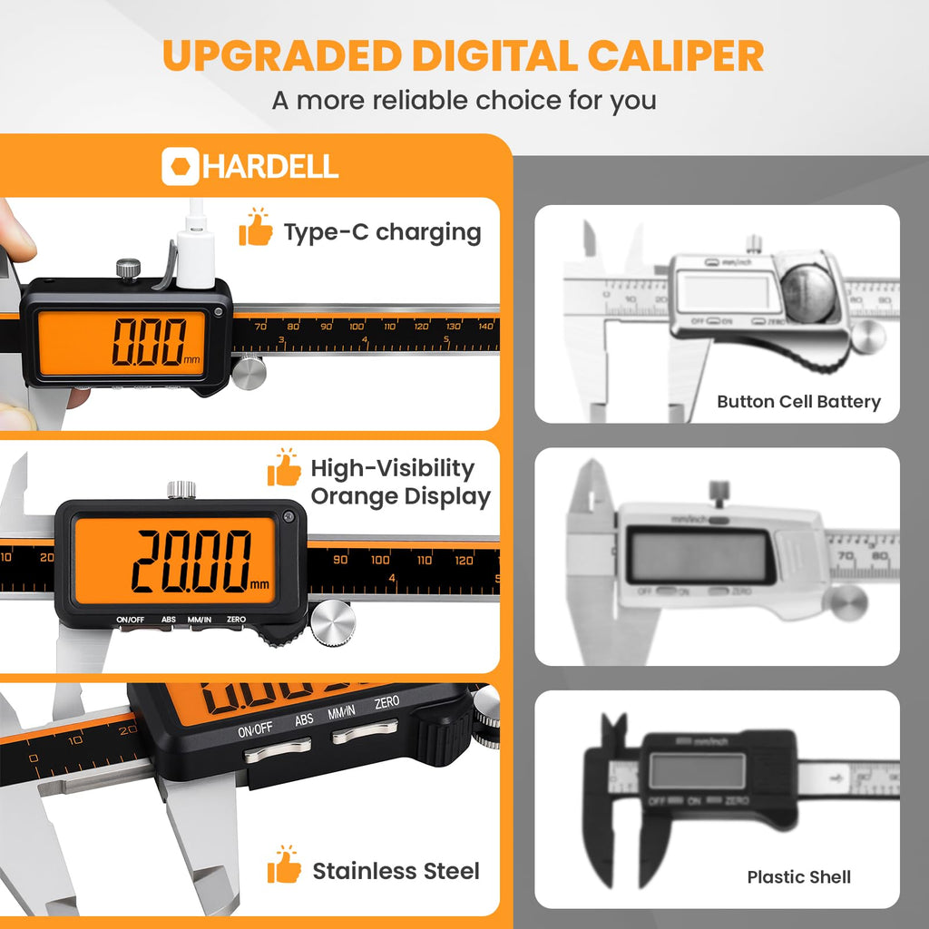 HARDELL Digital Caliper 6" USB-C – Anti-Glare Orange Screen(No Backlight)