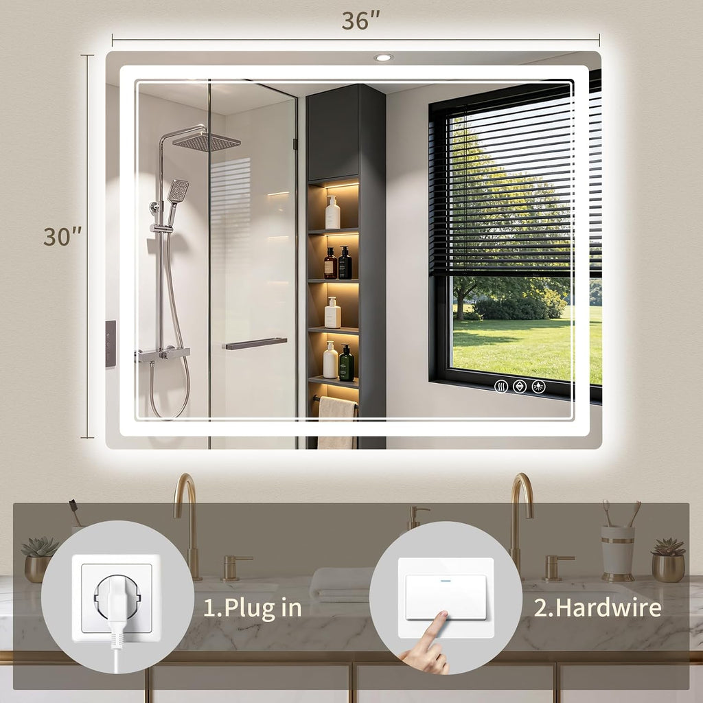 30"x36" LED Bathroom Mirror with Lights, Backlit + Front Lit, Anti-Fog, Lighted Bathroom Mirror for Wall, HD