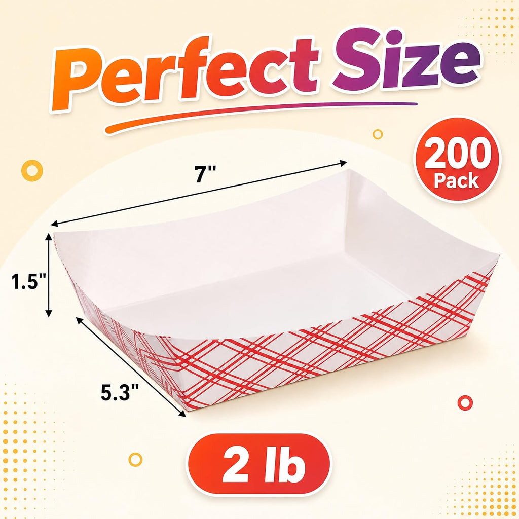 200 Pack 2 lb Capacity Disposable Paper Food Tray, Grease Resistant, Coated Paperboard Basket for Fries, Hot Corn