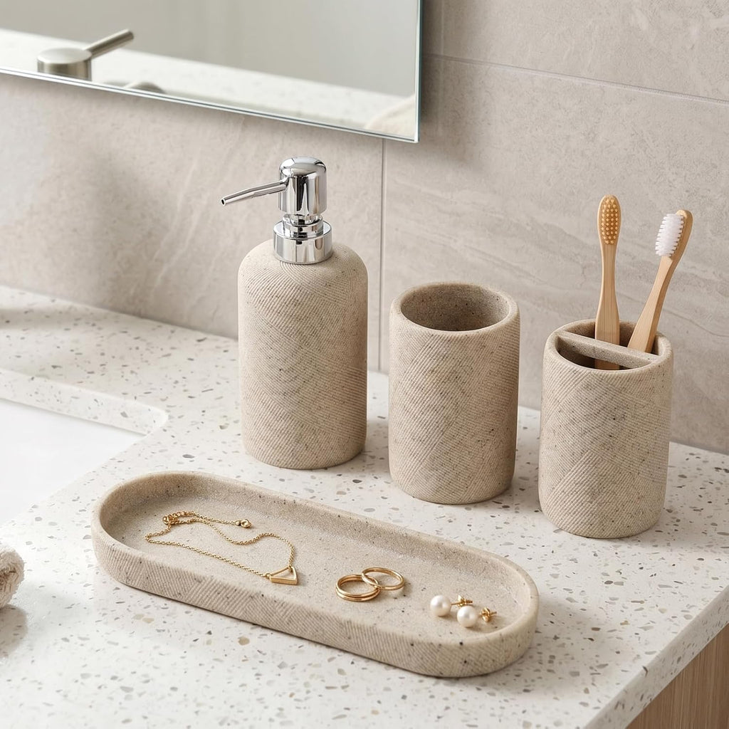 Bathroom Accessories Set,4 PCS Bathroom Organizer,Sand Stone Look,Beige | Simple, Modern Decor, Twill, With 10OZ Soap