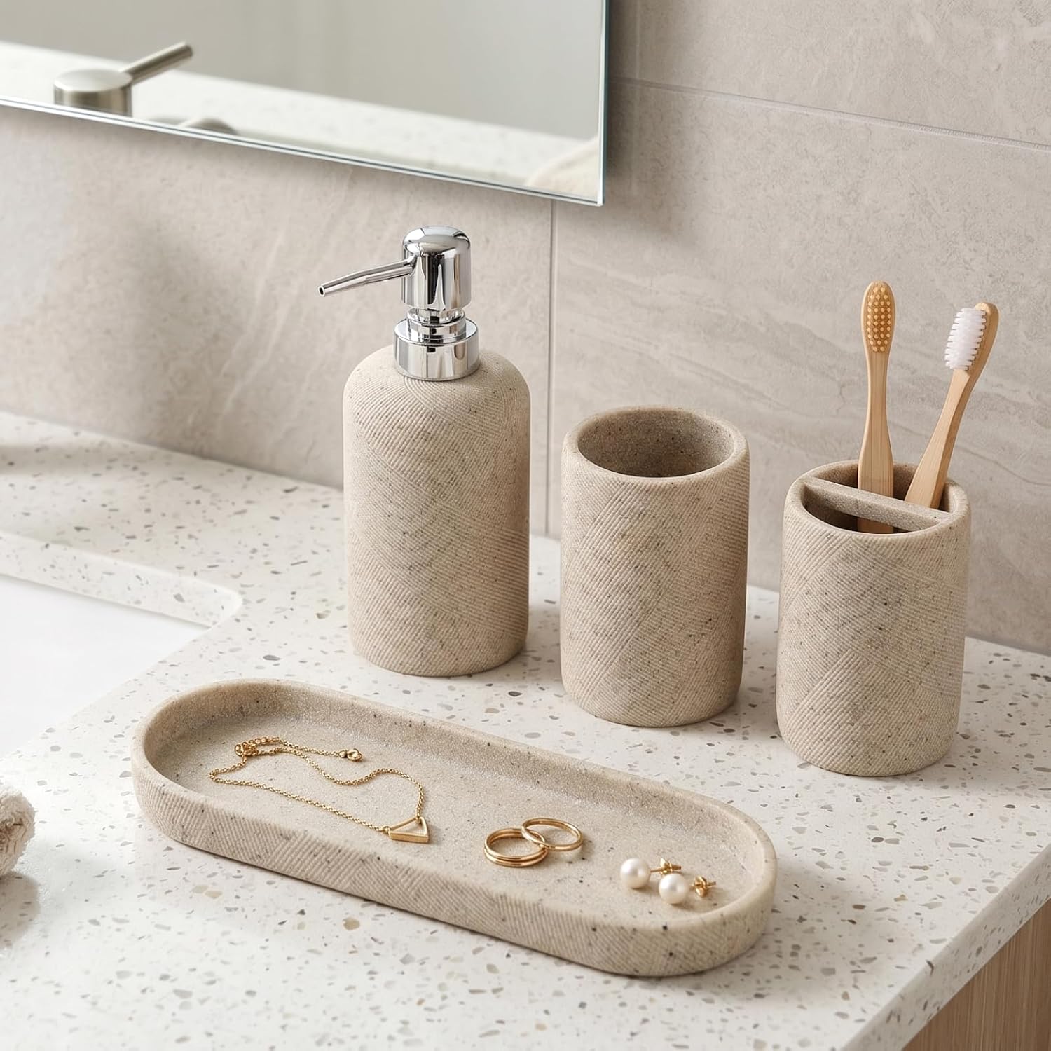 Bathroom Accessories Set,4 PCS Bathroom Organizer,Sand Stone Look,Beige | Simple, Modern Decor, Twill, With 10OZ Soap