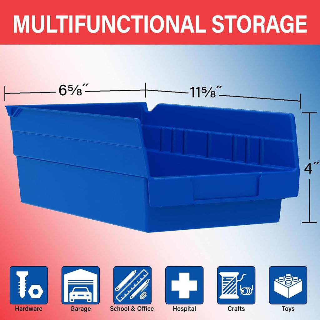 Heavy Duty Plastic Shelf Bins, 12"x 6.5"x 4", Blue, 12-Pk