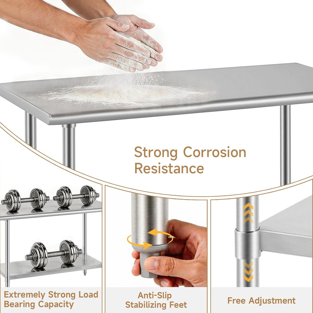 All Stainless Steel Table for Perp & Work 24x48 Inch,Commercial Heavy Duty Workbench with Stainless Legs & Adjustable