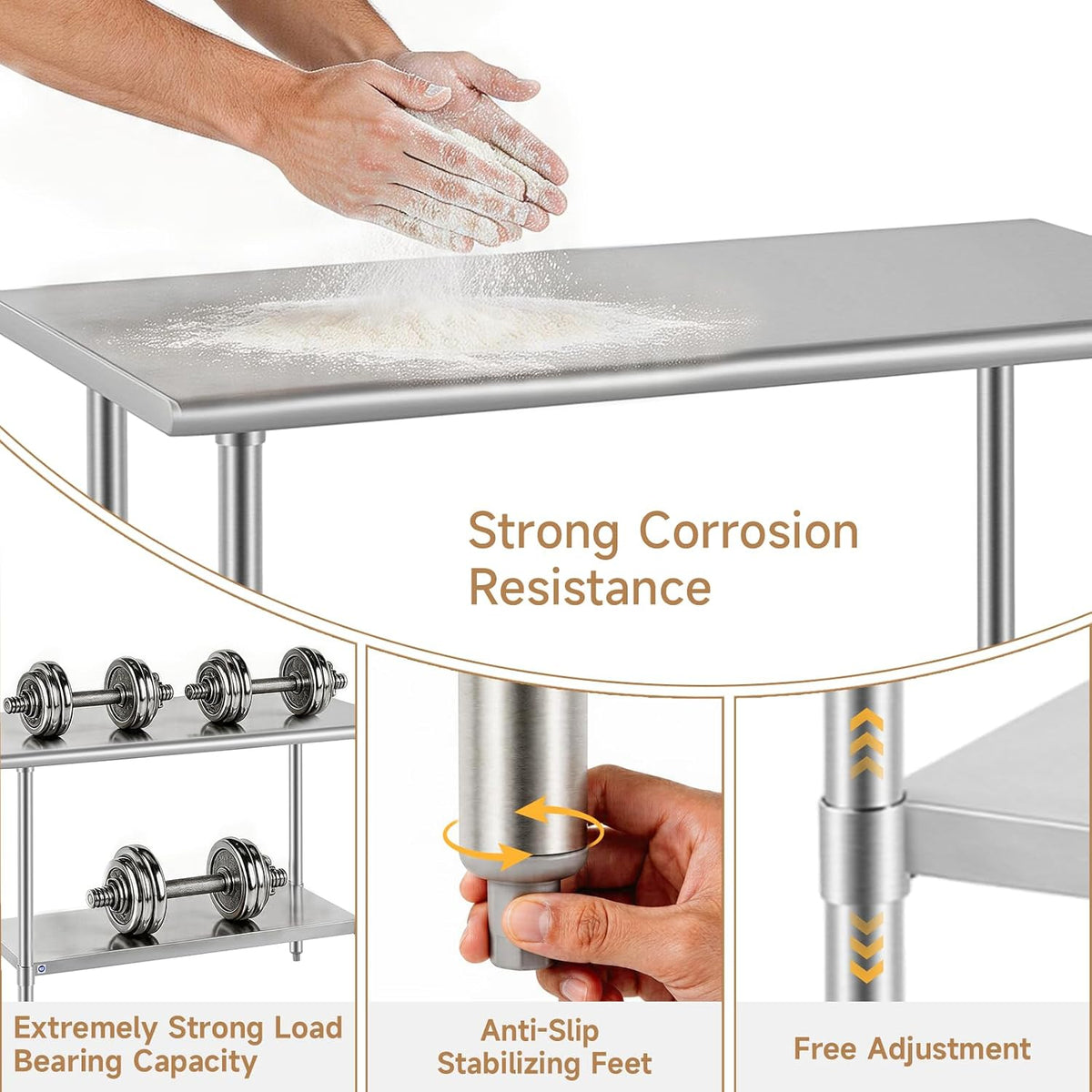 All Stainless Steel Table for Perp & Work 24x48 Inch,Commercial Heavy Duty Workbench with Stainless Legs & Adjustable