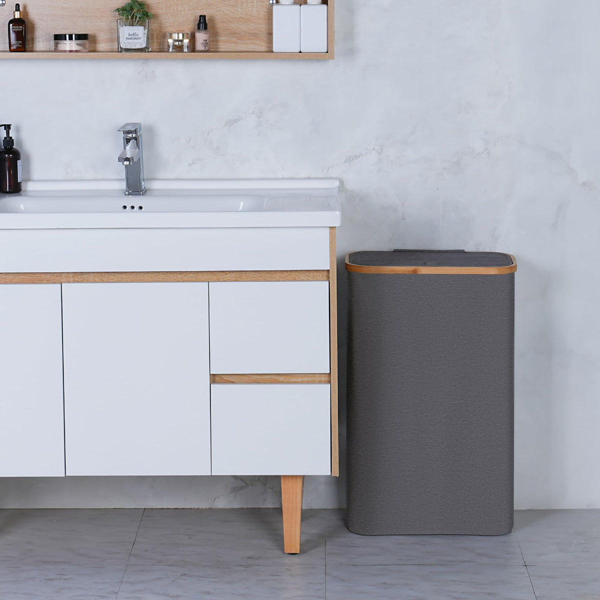 Slim Laundry Basket,60L Laundry Hamper with Lid, Tall Hamper for Laundry,Dirty Cloth Hamper with Bamboo Handle for