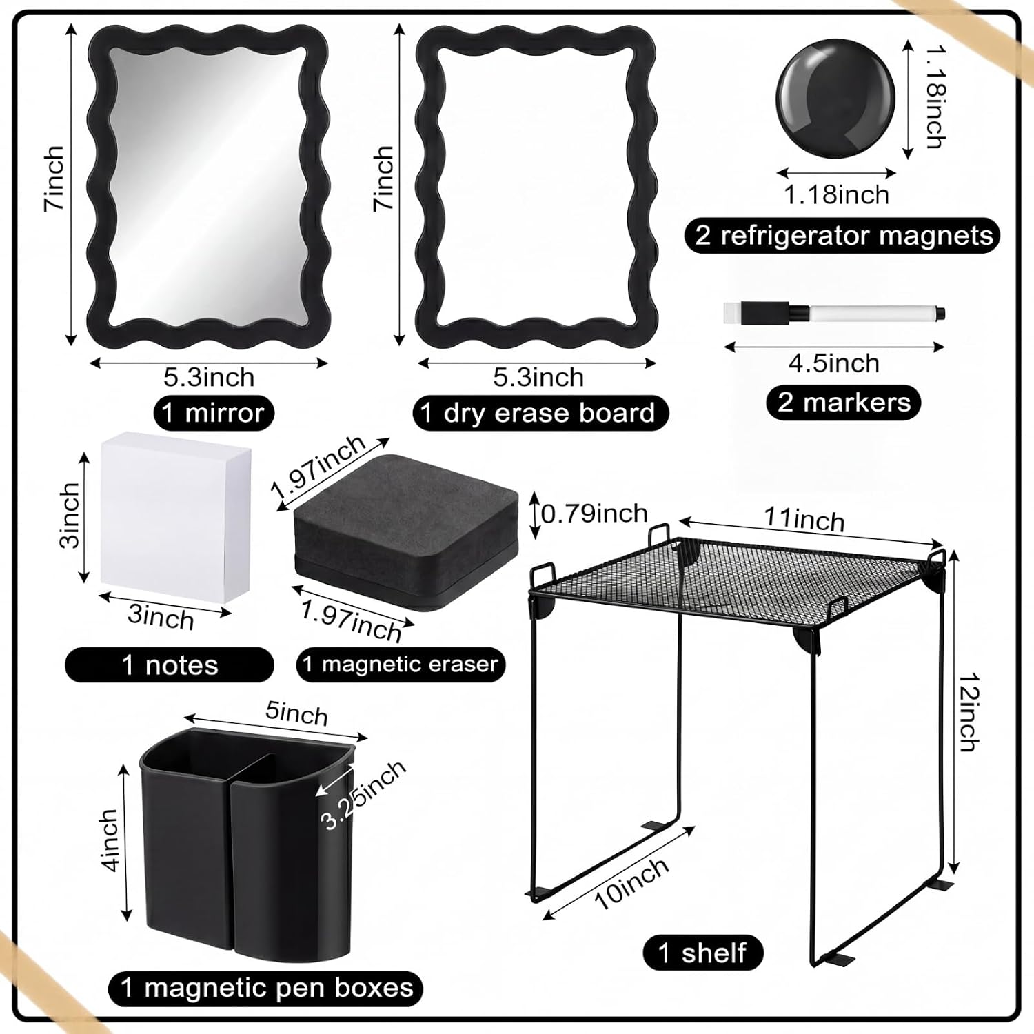 12 Pcs Black Locker Accessories Kit with Locker Shelf Magnetic Mirror Magnetic Pen Holder Whiteboard Marker Eraser