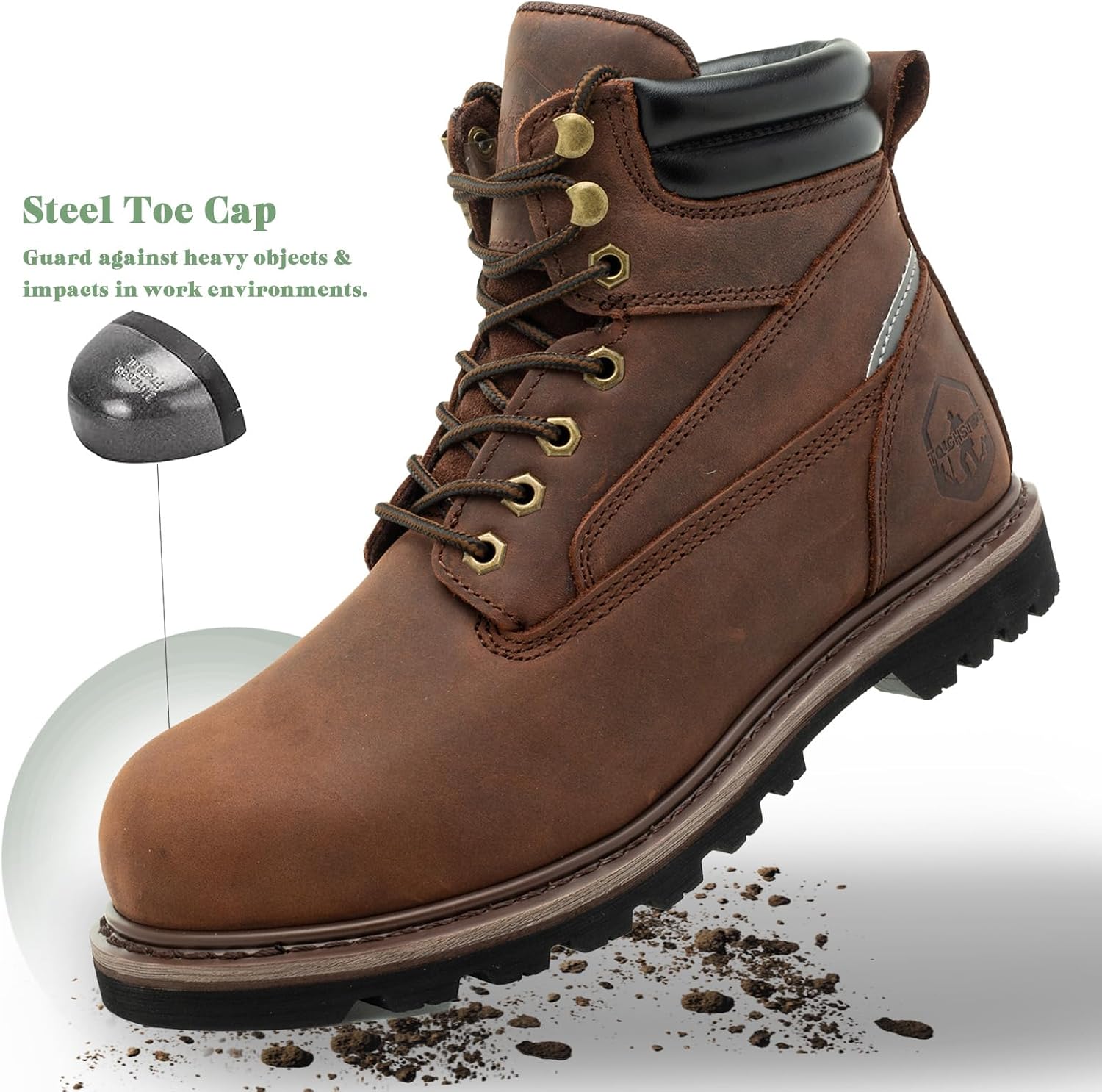 Steel Toe Work Boots for Men 6 Inch Waterproof Non Slip Rubber Comfort Leather Safety Durable Industrial Construction