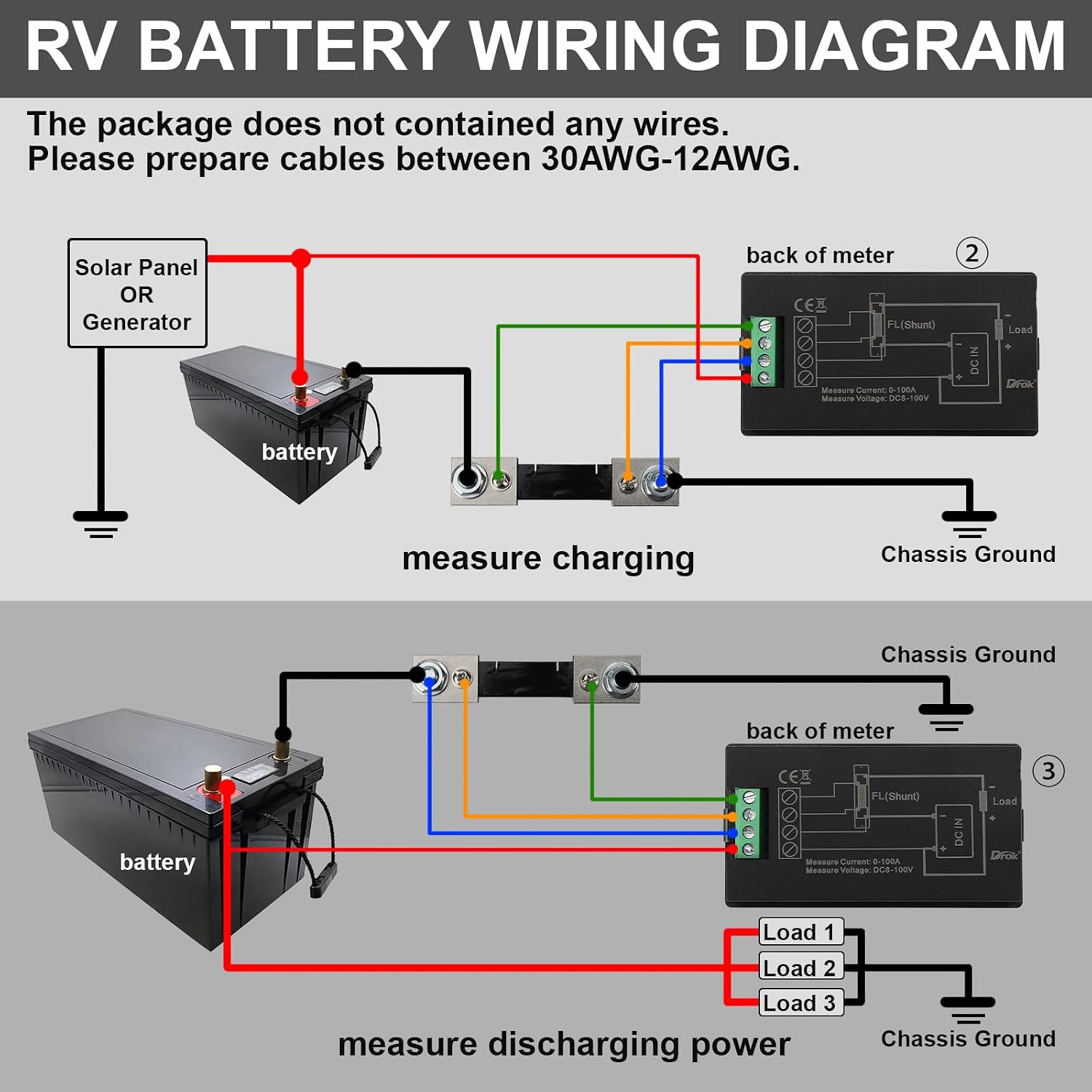 DC Power Meter, 8-100V 100A Volt Amp Watt Meter, LCD Display Multimeter Voltage Current Energy RV Battery Monitor