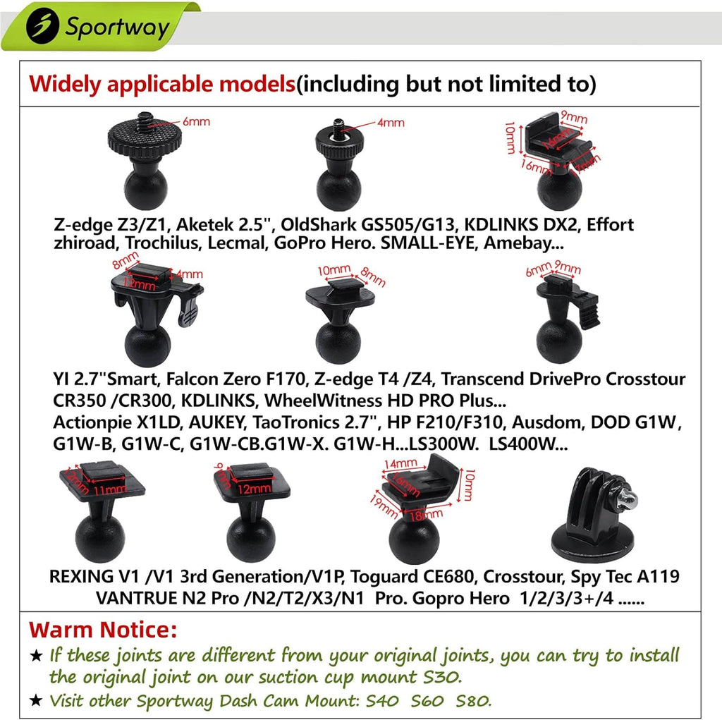S30 Dash Cam Suction Mount (2nd Gen) with 10pcs Joints for REXING,Z-Edge,Old Shark,YI,KDLINKS,Falcon