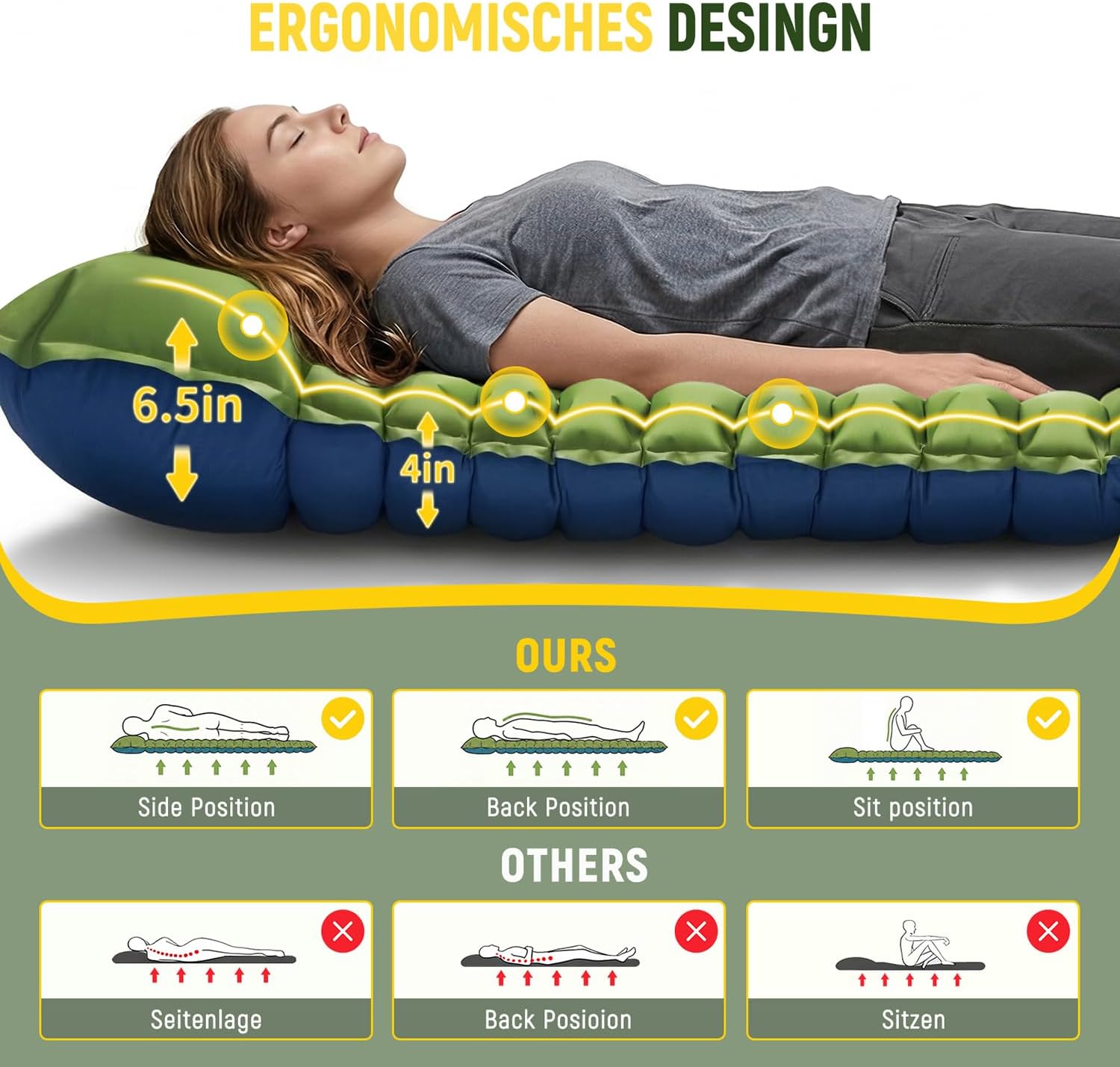 Double Sleeping Pad for Camping, 4" Extra-Thick 2 Person Inflatable Camping Mattress with Built-in Pillow & Foot