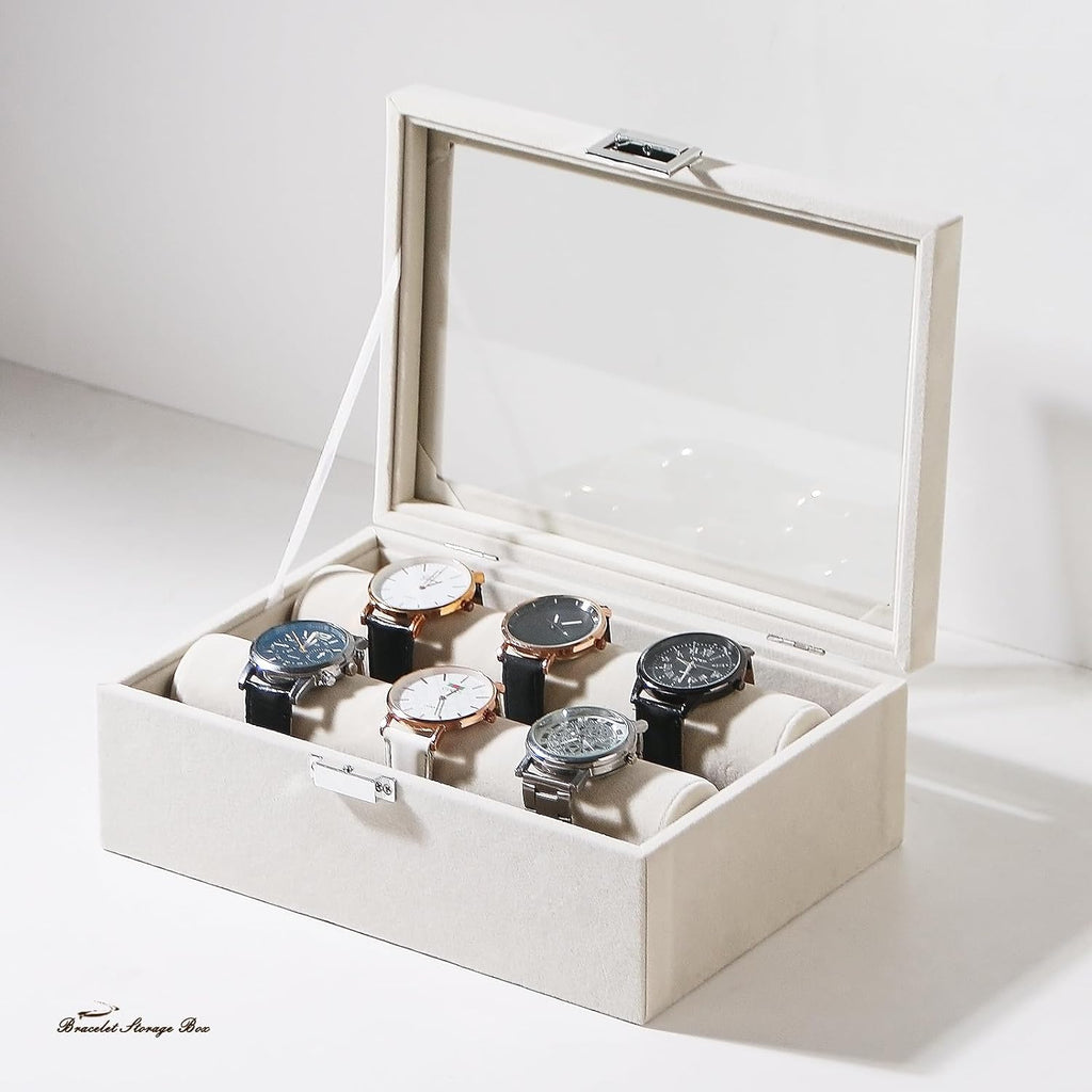 Bracelet Display Holder with Rods for Bangles Watches, Jewelry Organizer Box Storage Case with Clear Lid (Beige)