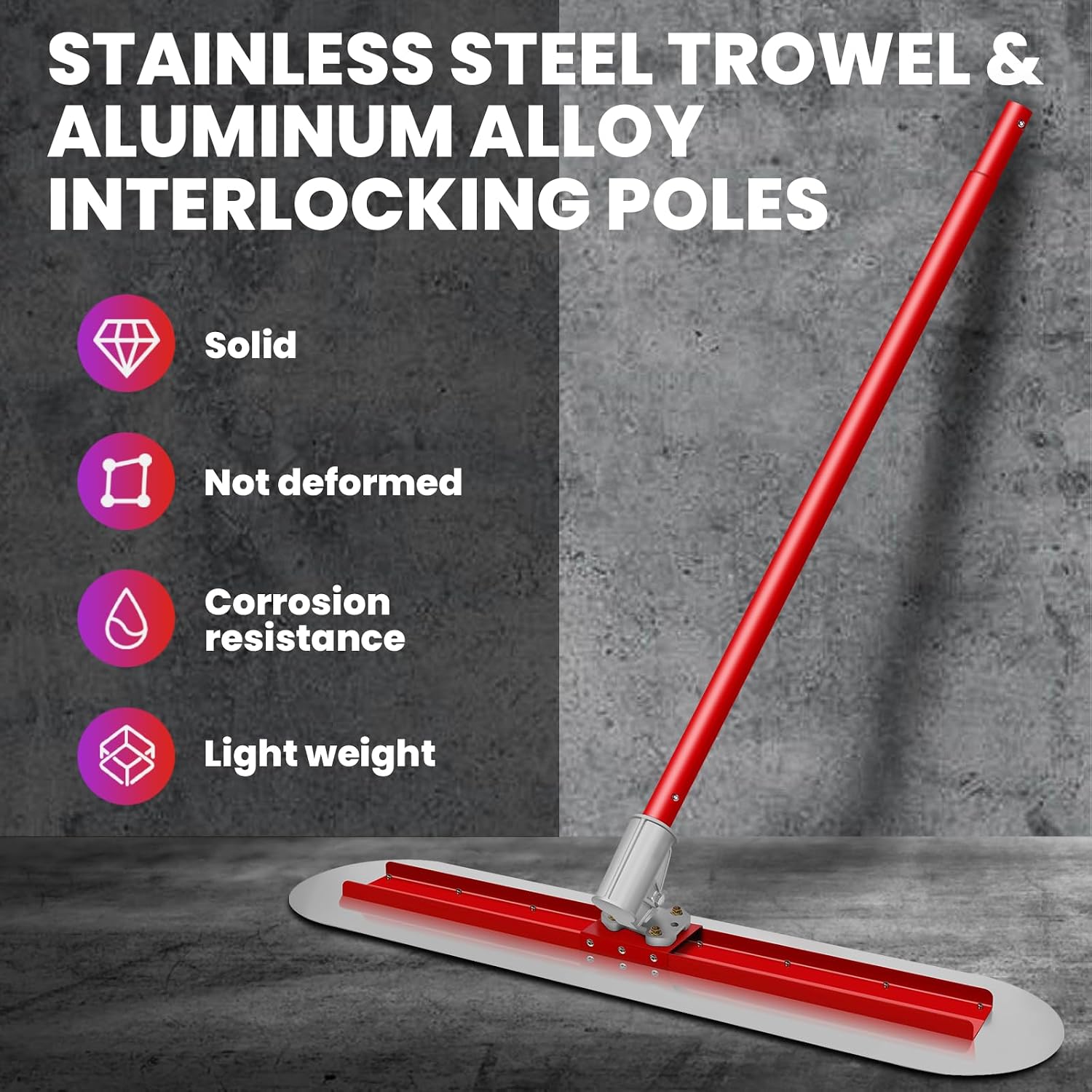 48''x12'' Round End Bull Float Concrete Kit, Stainless Steel Fresno Trowel with Adjustable Bracket, 4 Aluminum 60''