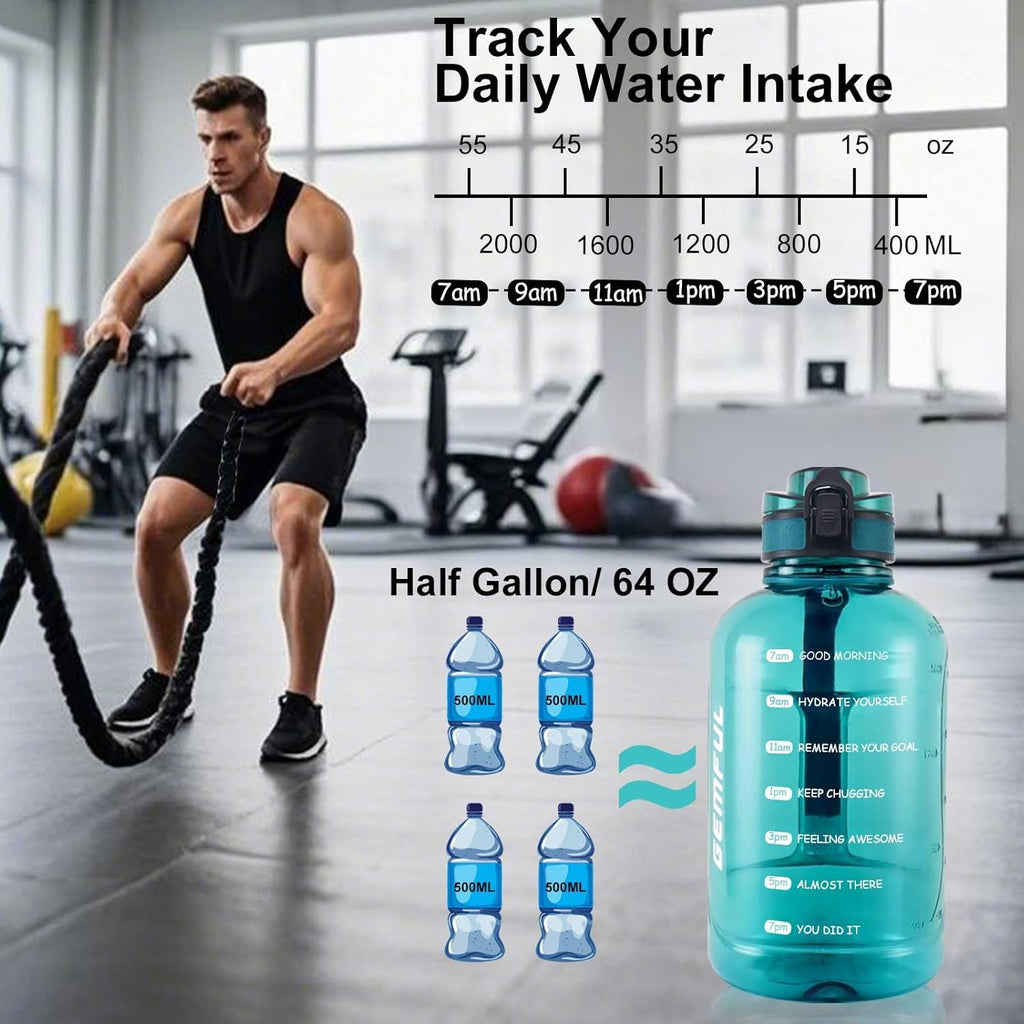 64oz Motivational Water Bottle 2 Liter Sports Jug for Gym (Cyan) | BPA-Free, 64oz Capacity, Time Marker Tracks Daily