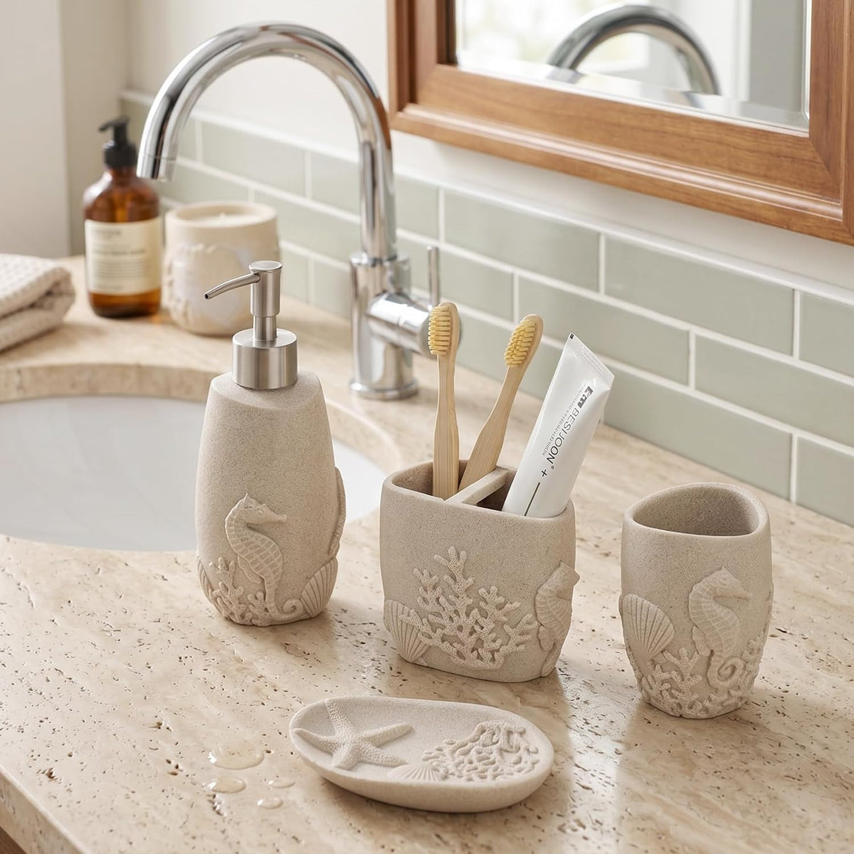Bathroom Accessories Set, 4 PCS, Sea Bathroom Decor, Sandstone Look Beige | Ocean Theme,With 10OZ Soap Dispenser