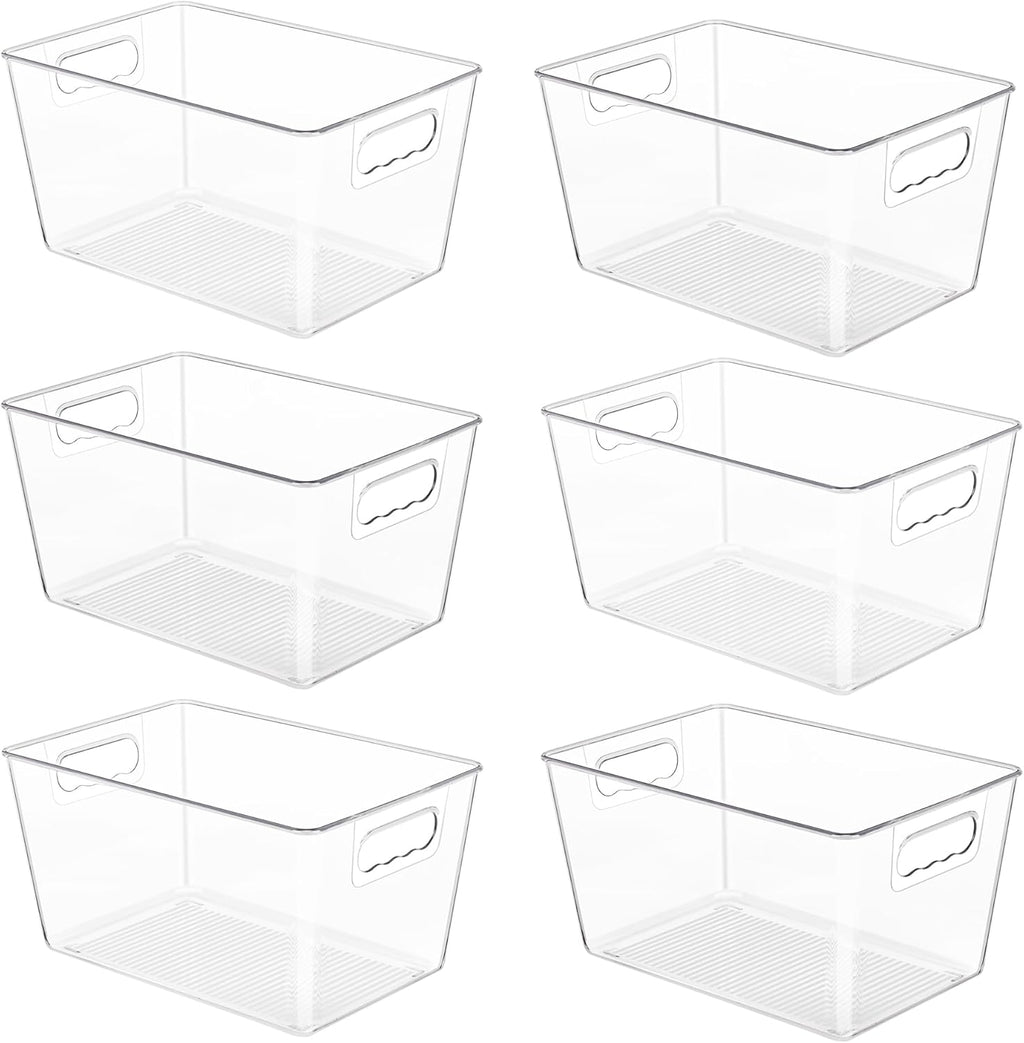 6 Pack Clear Pantry Organizer Bins, Plastic Containers with Handle for Kitchen,Freezer,Cabinet,Closet,Bathroom Under