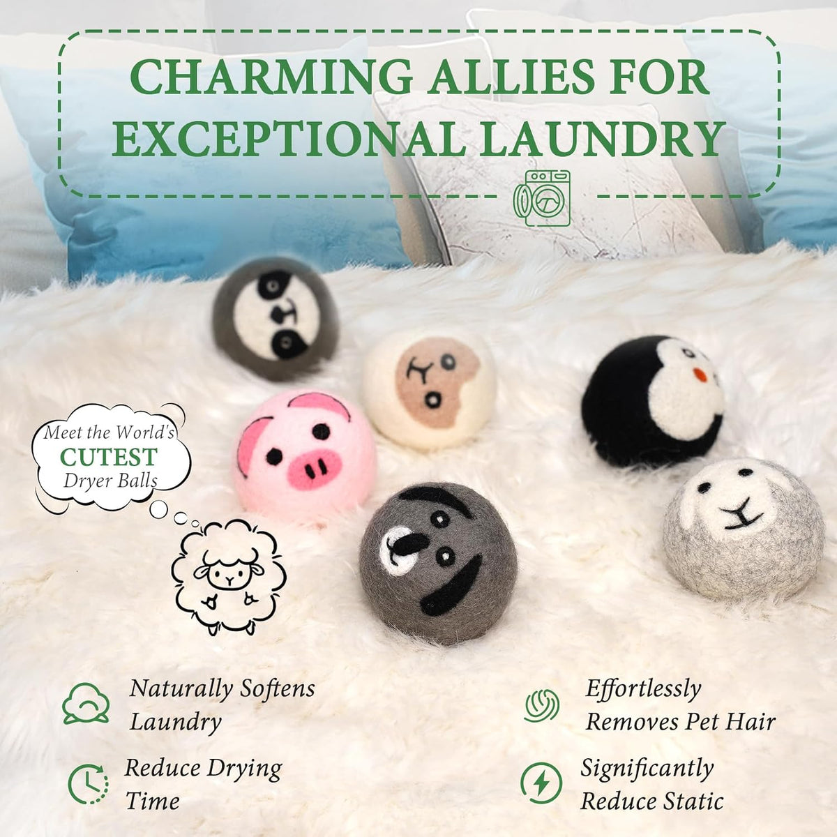 Wool Dryer Balls, XL 6-Pack, Cute Animal Fabric Softener