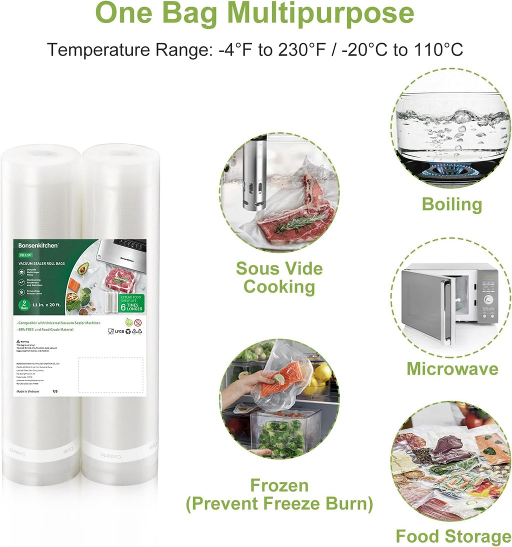 Vacuum Sealer Bags, 11" x 20' Rolls 2 Pack for Food Storage